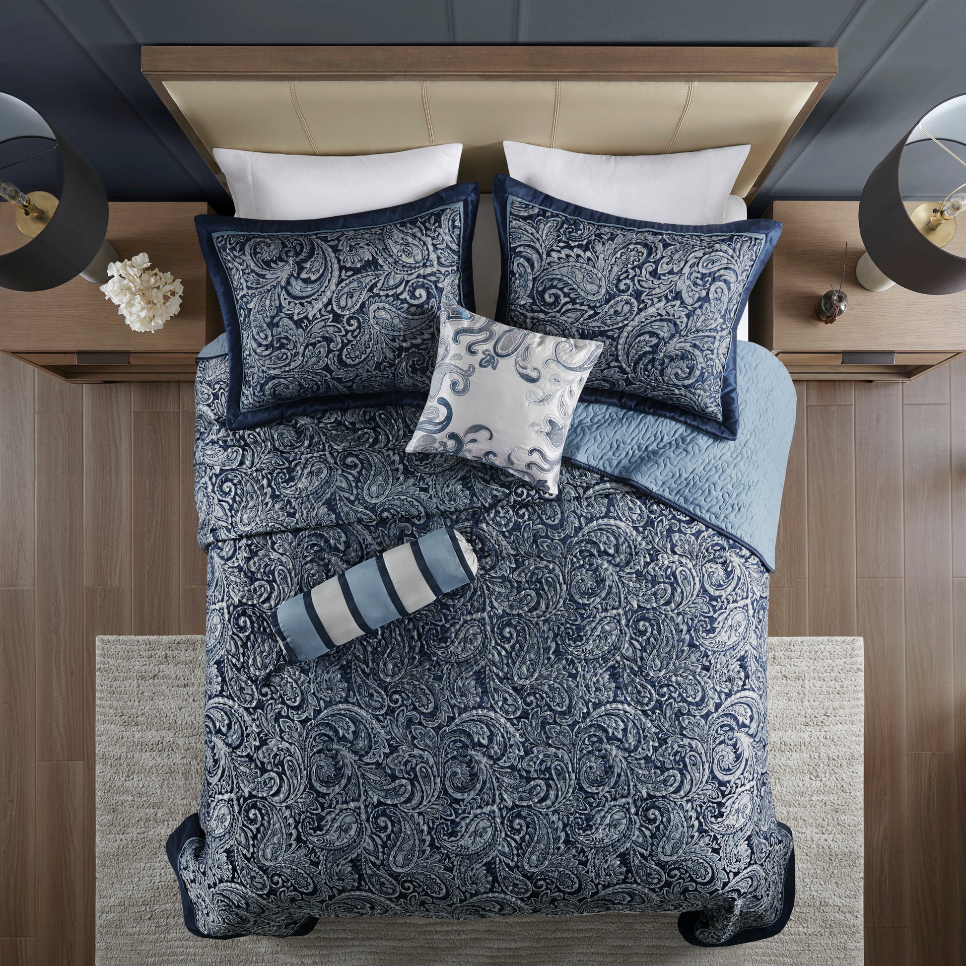 5 Piece Jacquard Bedspread Set With Throw Pillows Navy King Queen Navy Cotton