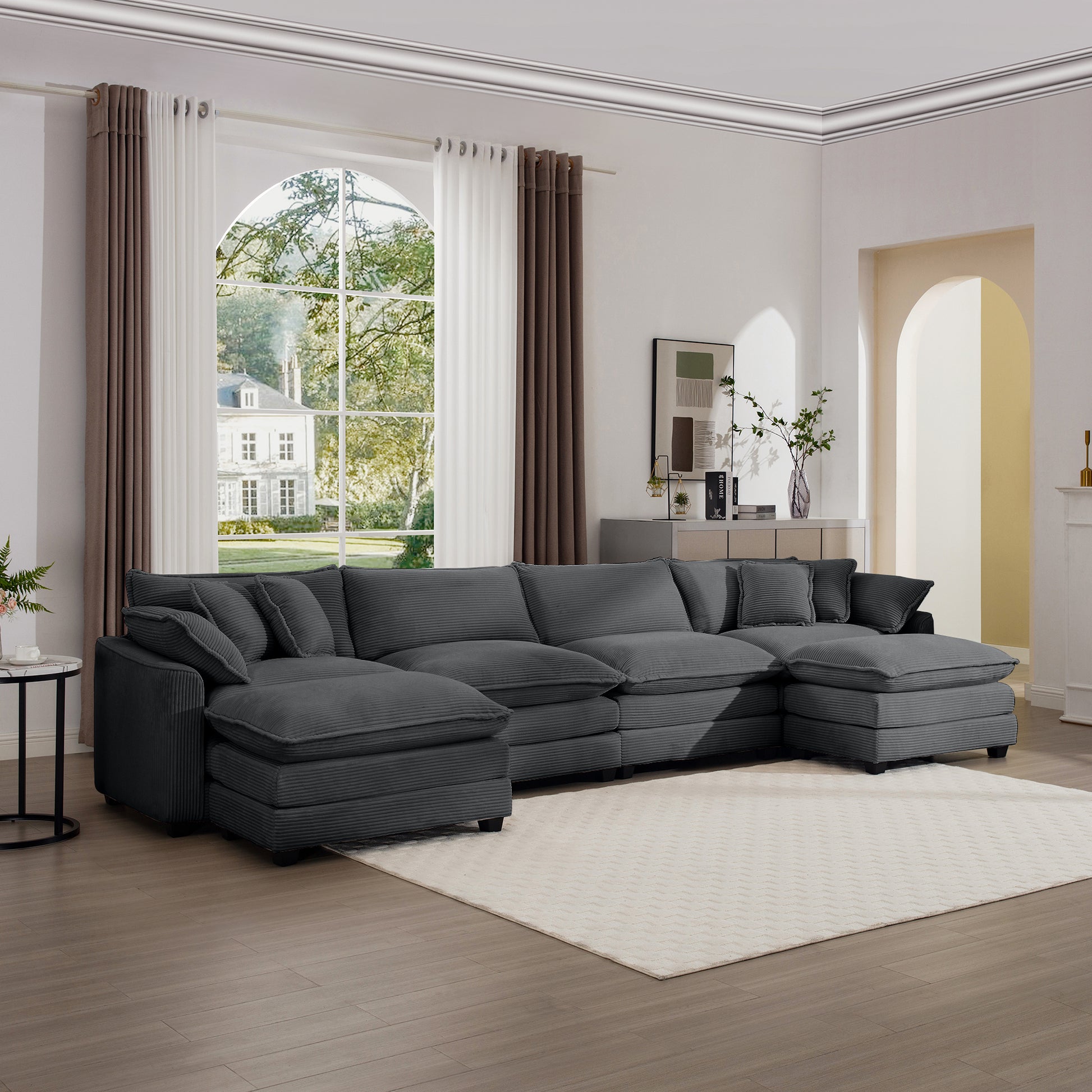 Corduroy Sofamodern Upholstered 4 Seater With 3 Footstools Corduroy Fabric Sofaoffice Living Room Apartment Comfortable Sofa, Easy To Assemble With 2 Arm Pillows And 4 Throw Pillows Grey Corduroy 4 Seat