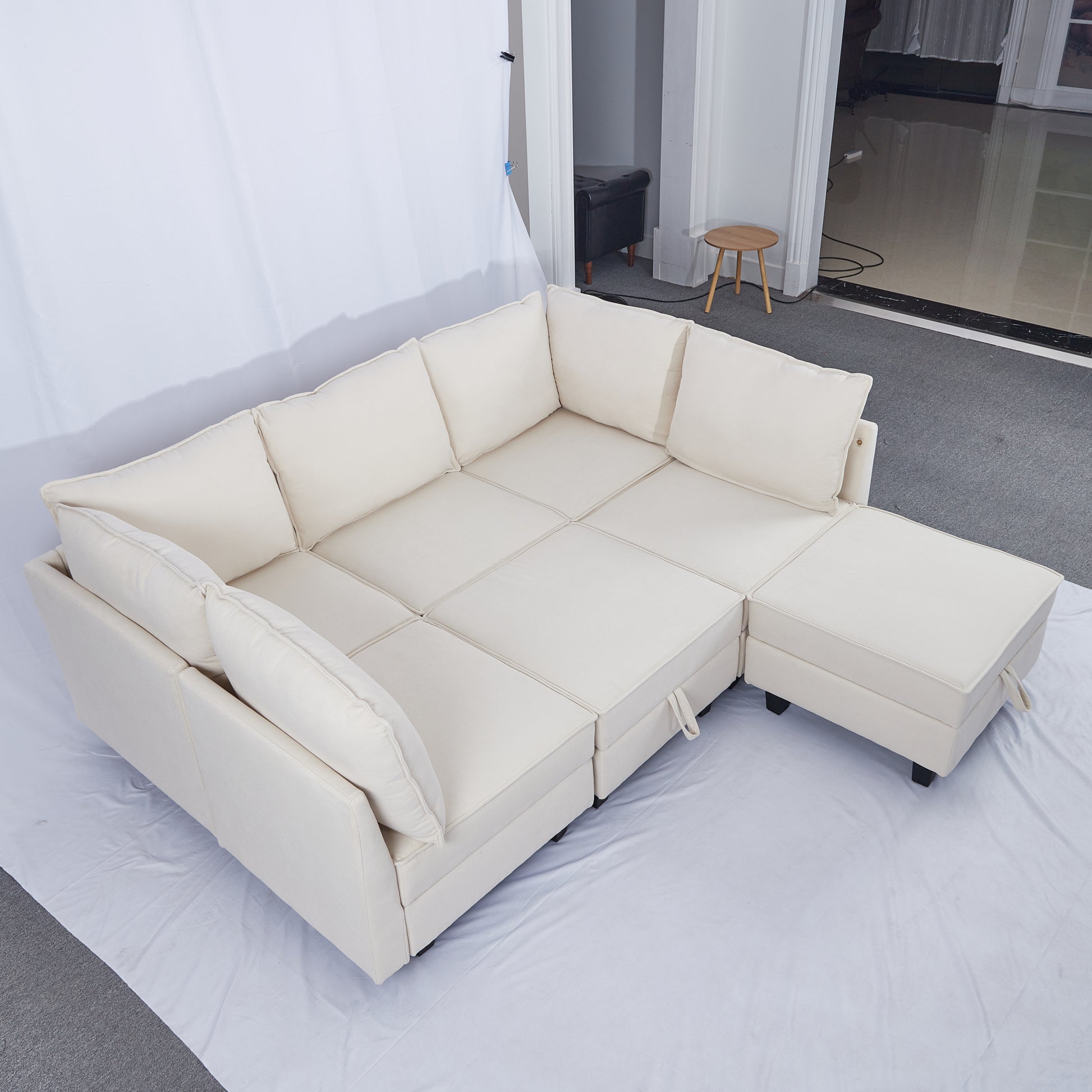 7 Seater Modular Pieces Sofa Storage Seats 7 Seat Living Room Furniture Modular Sleeper Sofa Brown Wood Primary Living Space Medium Duty Acacia 7 Seat Beige Chenille Soft Cushion Back Casual,Classic Armless Foam Wood