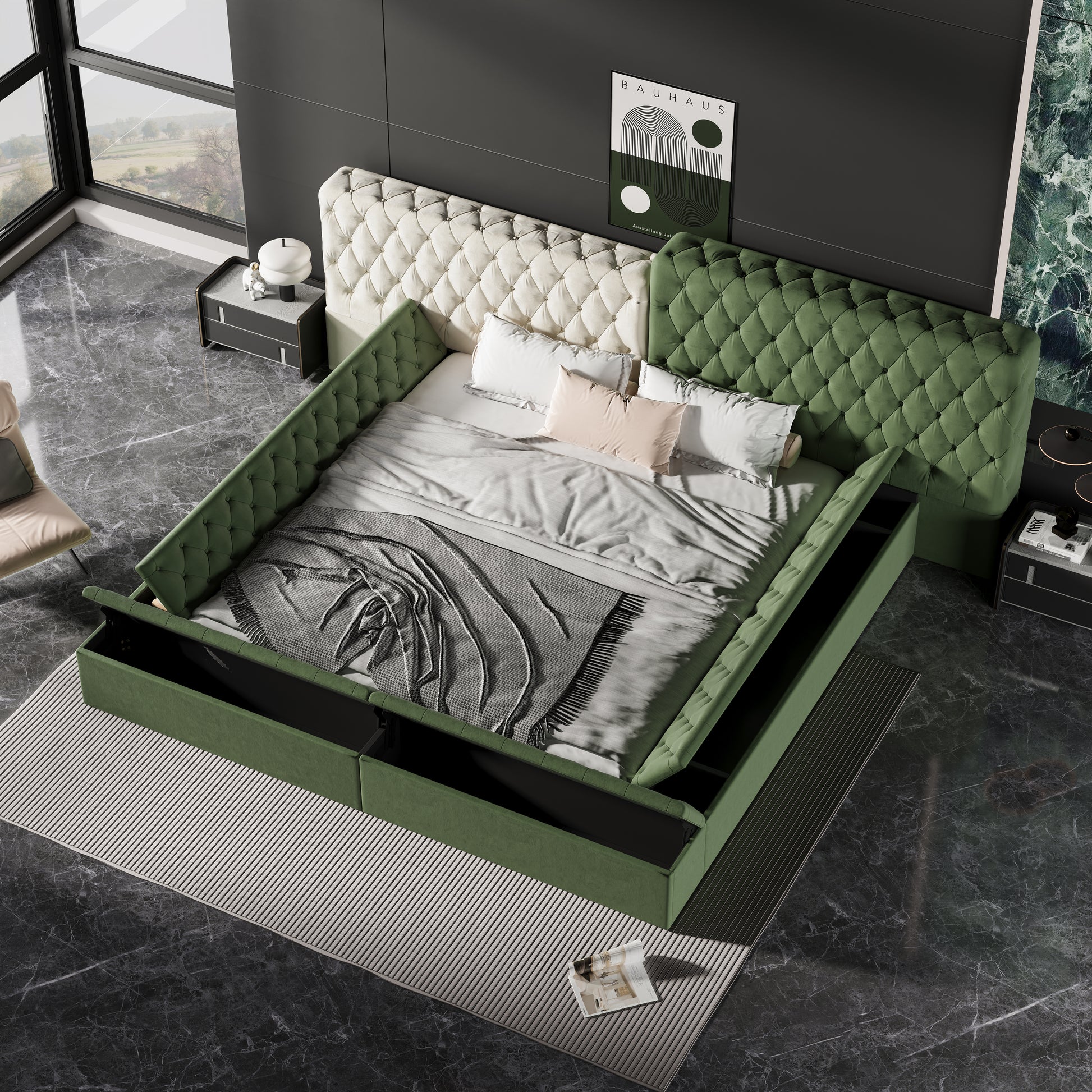 Contemporary Special Shaped Fully Upholstered Bed With Deep Button Tufting And Storage Compartments In Rails And Footboard,No Box Spring Needed,King,Green Box Spring Not Required King Green Solid Wood