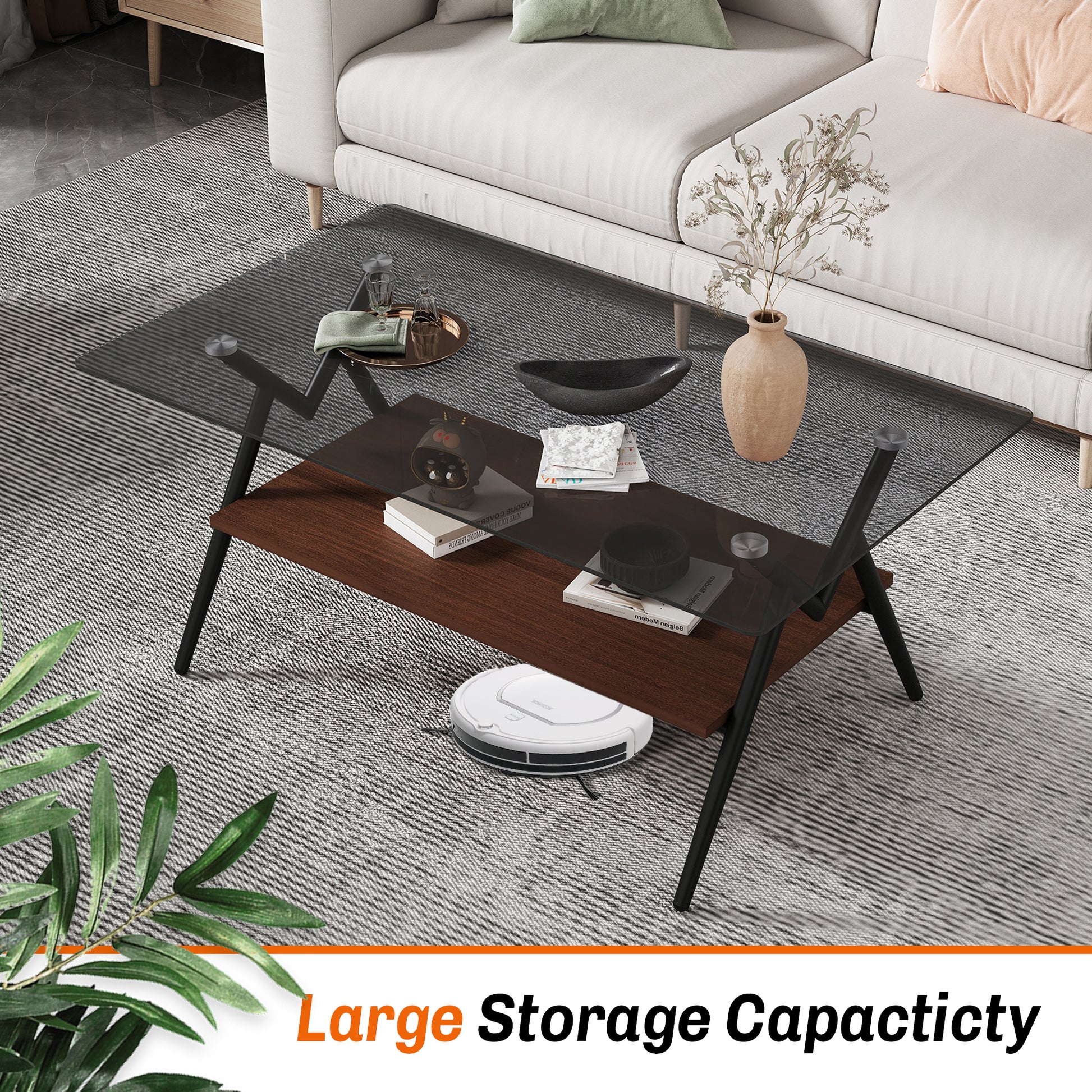 Rectangle Coffee Table With Tempered Glass Top And Brown Mdf Shelf, Modern Table For Living Room, Gray Glass Gray Tempered Glass