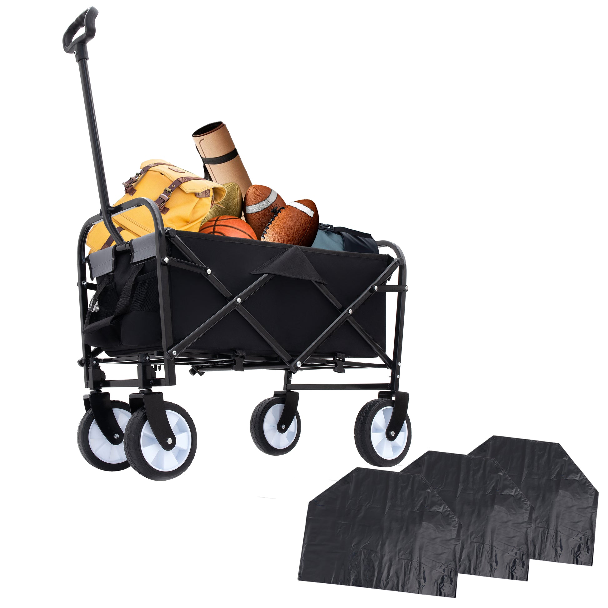 Minimeetall Multi Use Bag,Collapsible Foldable Wagon Cart Beach Wagon Heavy Duty Utility Cart Utility Wagon Grocery Cart For For Camping 3Pcs Plastic Liner Bag Coverblack Black Steel