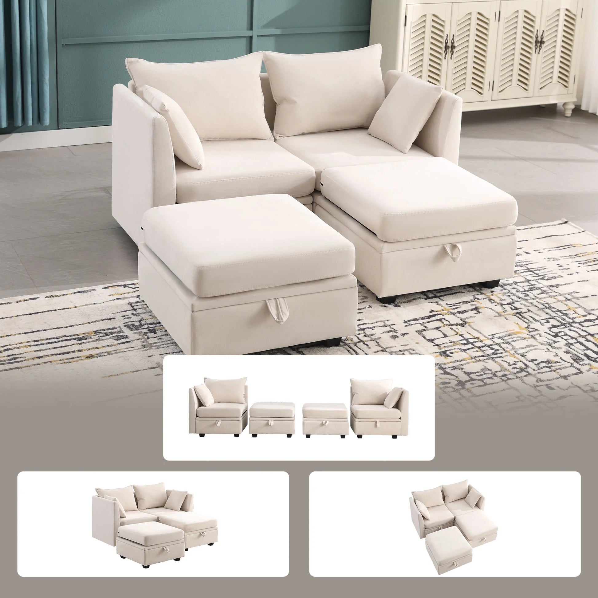 Modular Couches And Sofas Sectional With Storage Sectional Sofa U Shaped Sectional Couch With Reversible Chaises, Beige Beige Linen Wood Primary Living Space Soft Heavy Duty Cotton Cotton 4 Seat