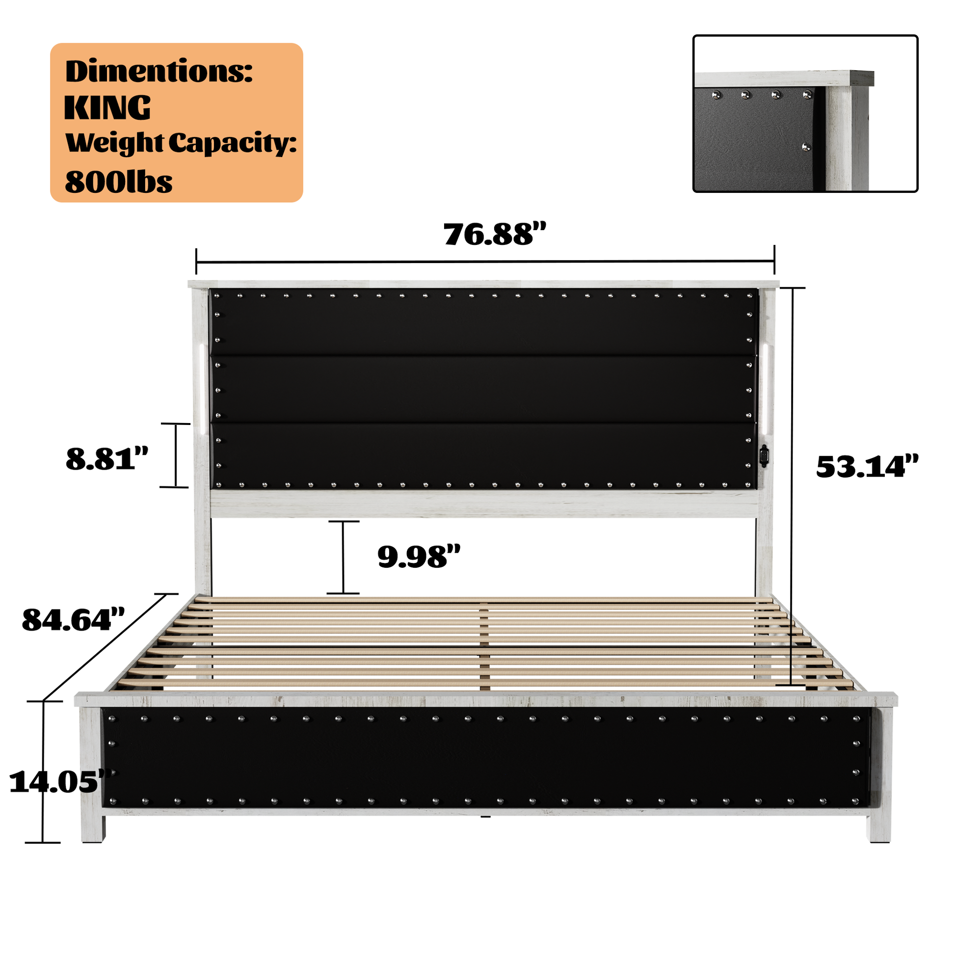 King Size Bed Frame With Upholstered Headboard, King Bed Frame With Charging Station And Led Lights, Wood Slats, Dark Gray Faux Leather & Rivets, No Box Spring Needed, Easy Assembly Box Spring Not