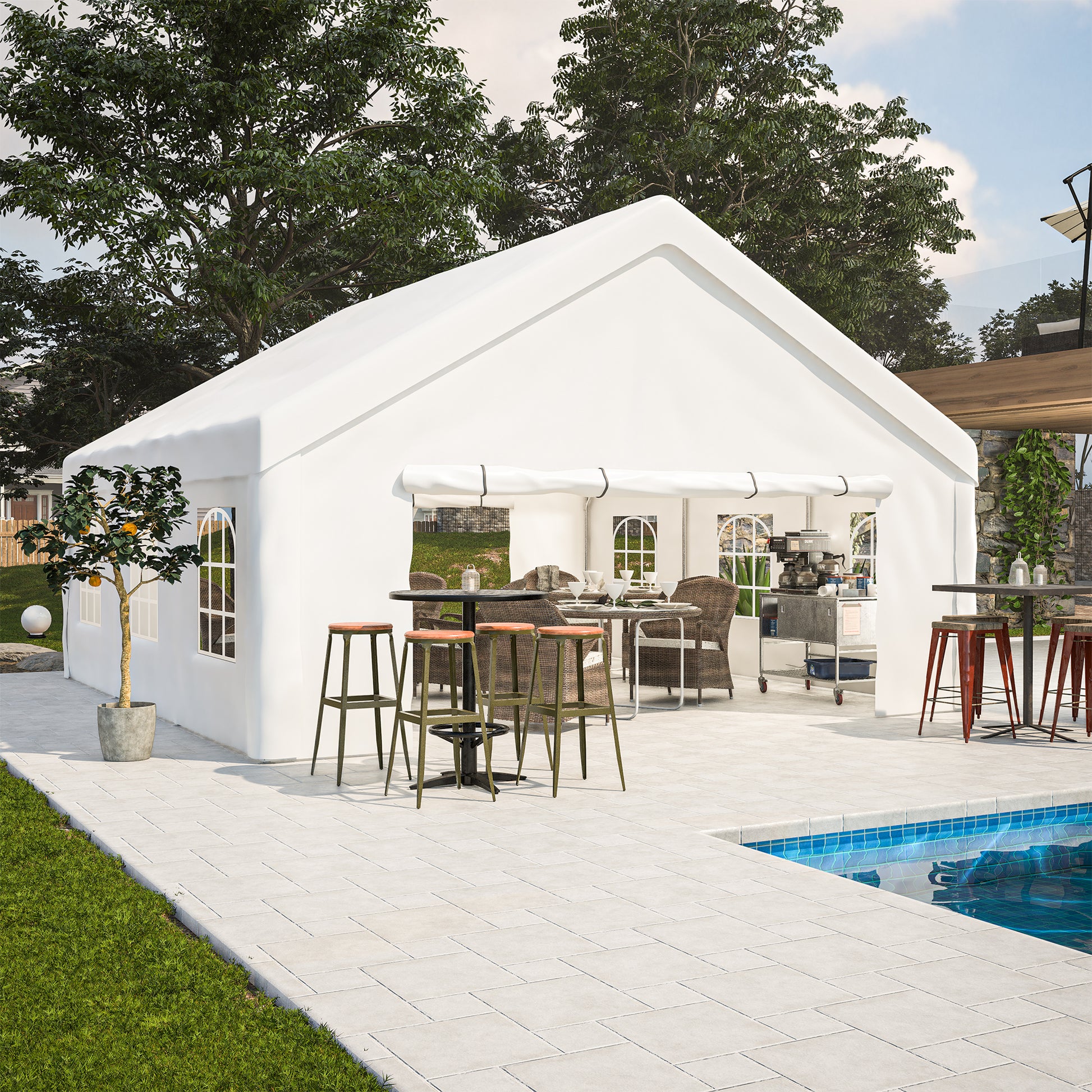 20X20Ft Party Tent Heavy Duty, Large Wedding Event Shelters With 2 Storage Bags & Removable Sidewalls, Outdoor Canopy Gazebo Commercial Tents For Parties Carport Camping Garden Patio White Metal