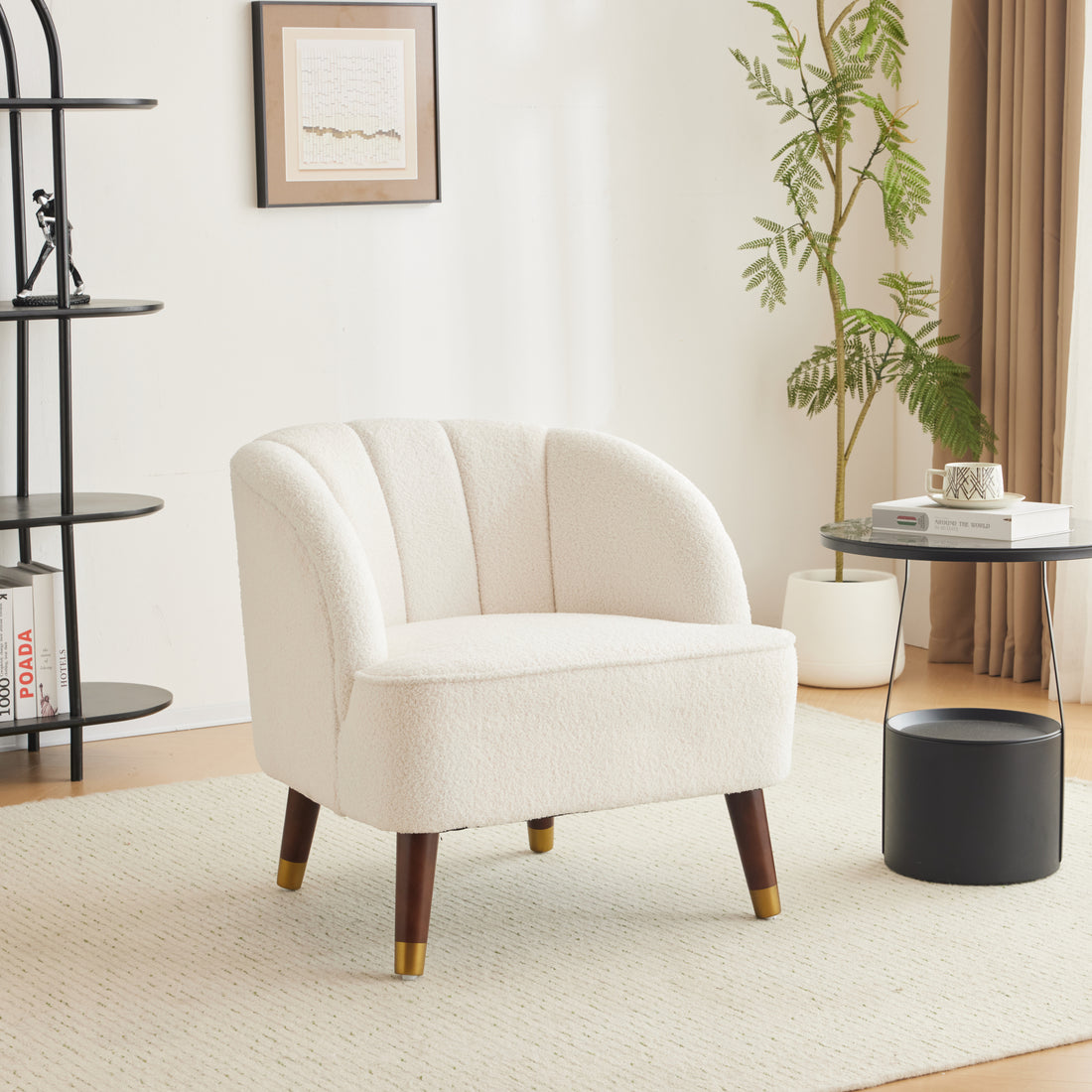 Upholstered Barrel Accent Chair With Wooden Legs White Rubberwood Boucle