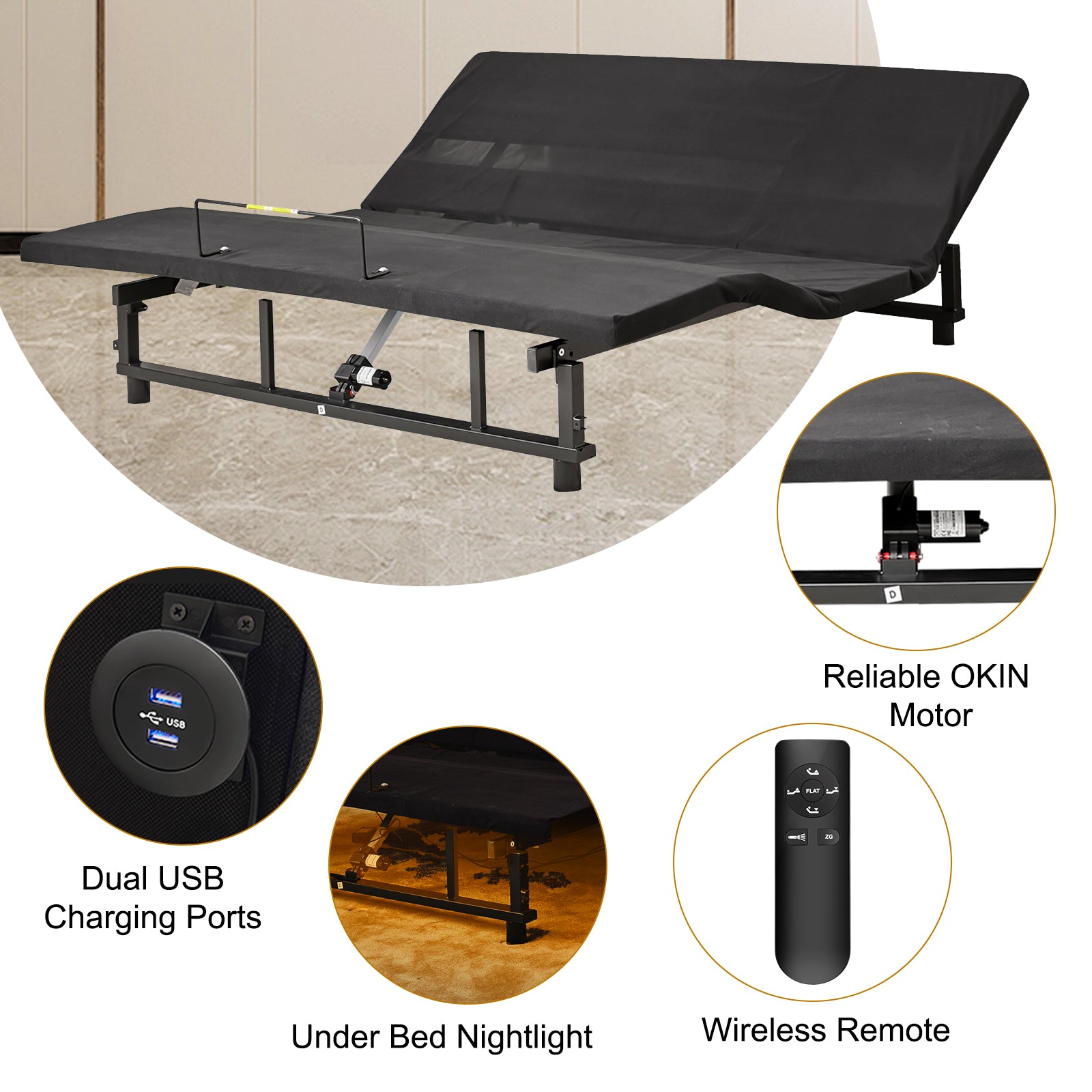 Adjustable Bed Base Frame Head And Foot Incline Quiet Motor King Size Zero Gravity, 4 Ports Usb, Under Bed Nightlight King Antique Black Bedroom Bed Frame Steel