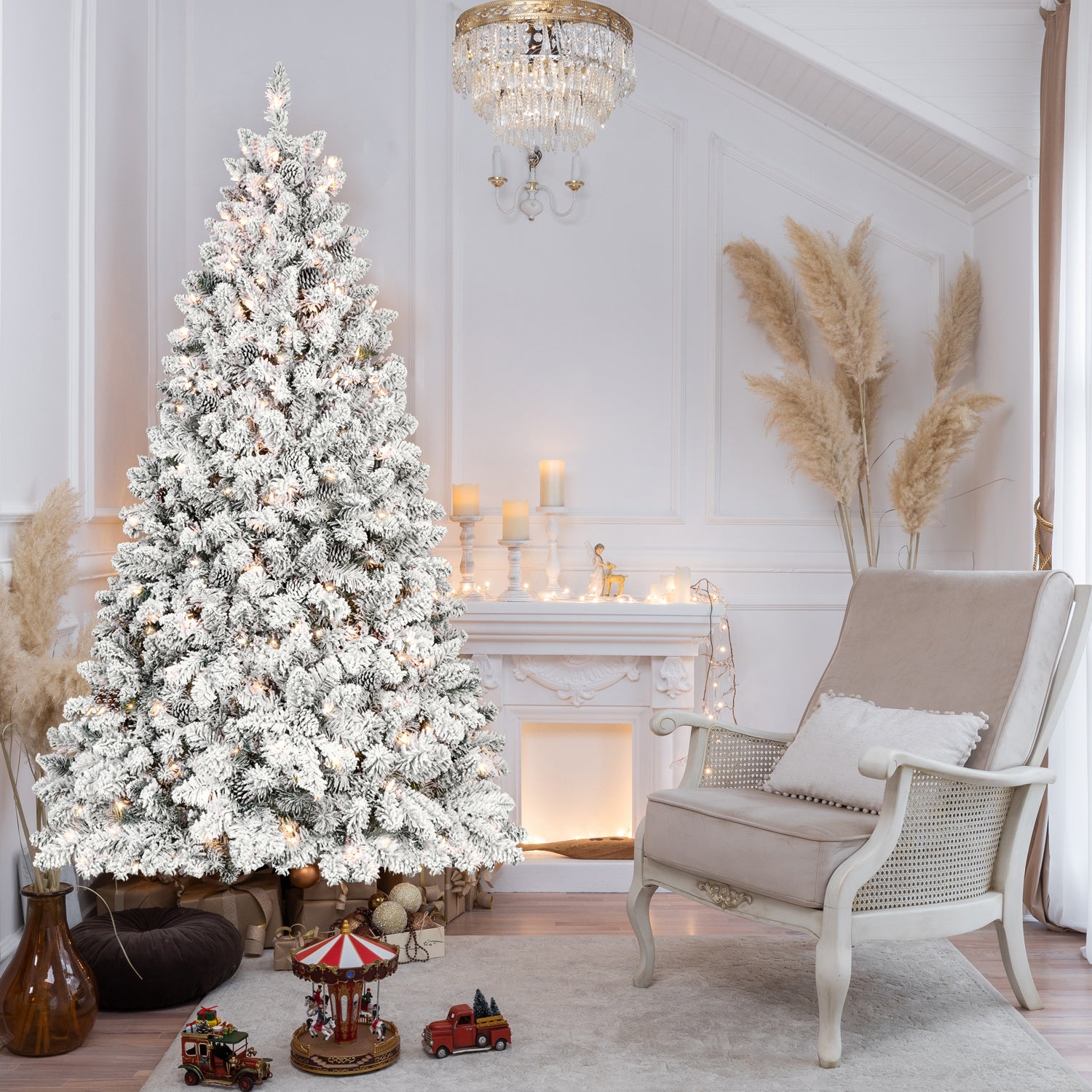 7Ft Snow Flocked Artificial Christmas Tree With Pine Cones, Prelit Xmas Trees, Hinged Easy Assembly & Reinforced Metal Base Ideal For Indoor & Outdoor Festive Decorations White Polyvinyl Chloride