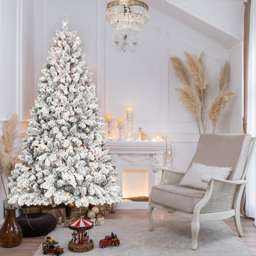 9Ft Snow Flocked Artificial Christmas Tree With Pine Cones, Prelit Xmas Trees, Hinged Easy Assembly & Reinforced Metal Base Ideal For Indoor & Outdoor Festive Decorations White Polyethylene