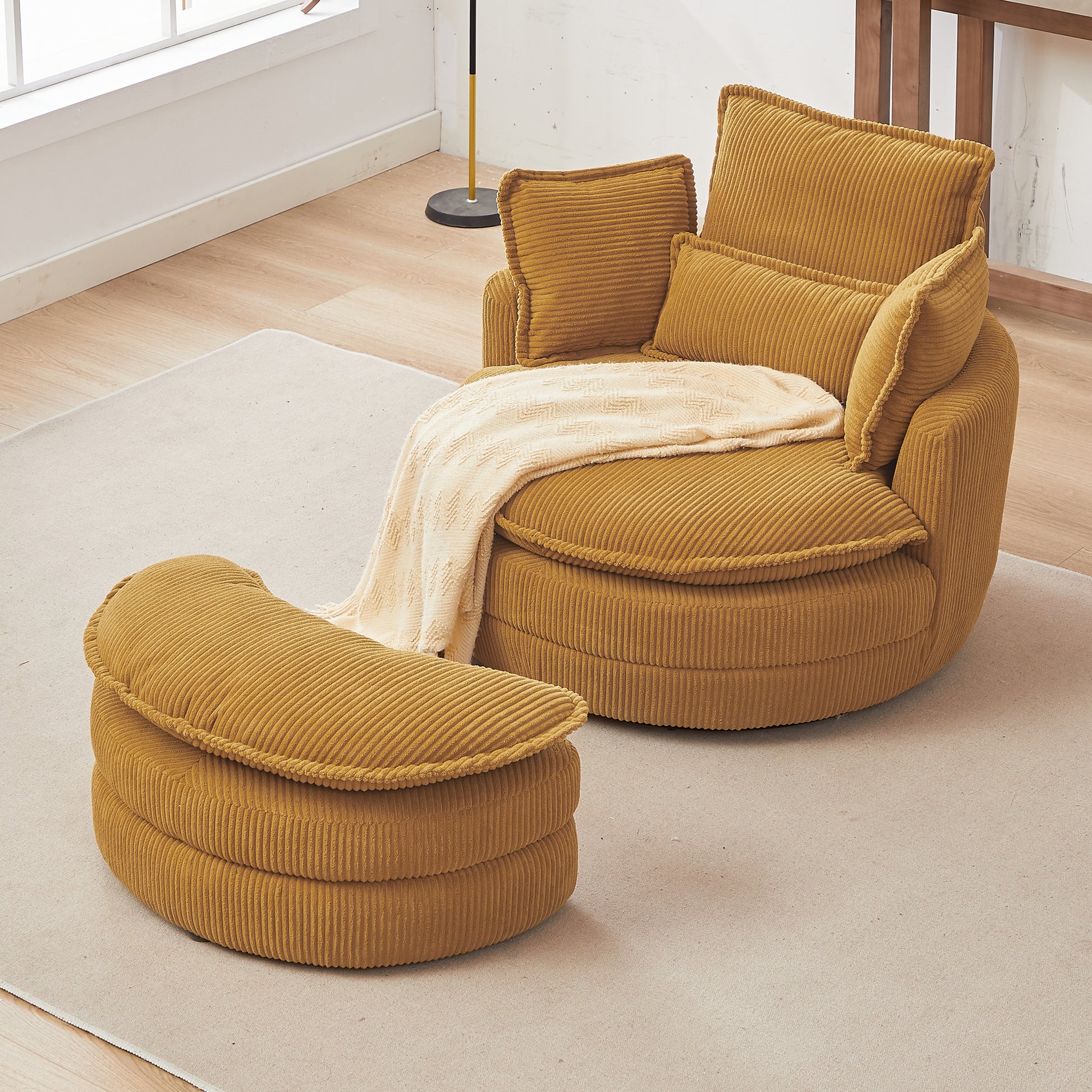 38"W Oversized Swivel Chair With Moon Storage Ottoman For Living Room, Modern Accent Round Loveseat Circle Swivel Barrel Chairs For Bedroom Cuddle Sofa Chair Lounger Armchair, 4 Pillows,Corduroy Yellow Foam Corduroy 1 Seat