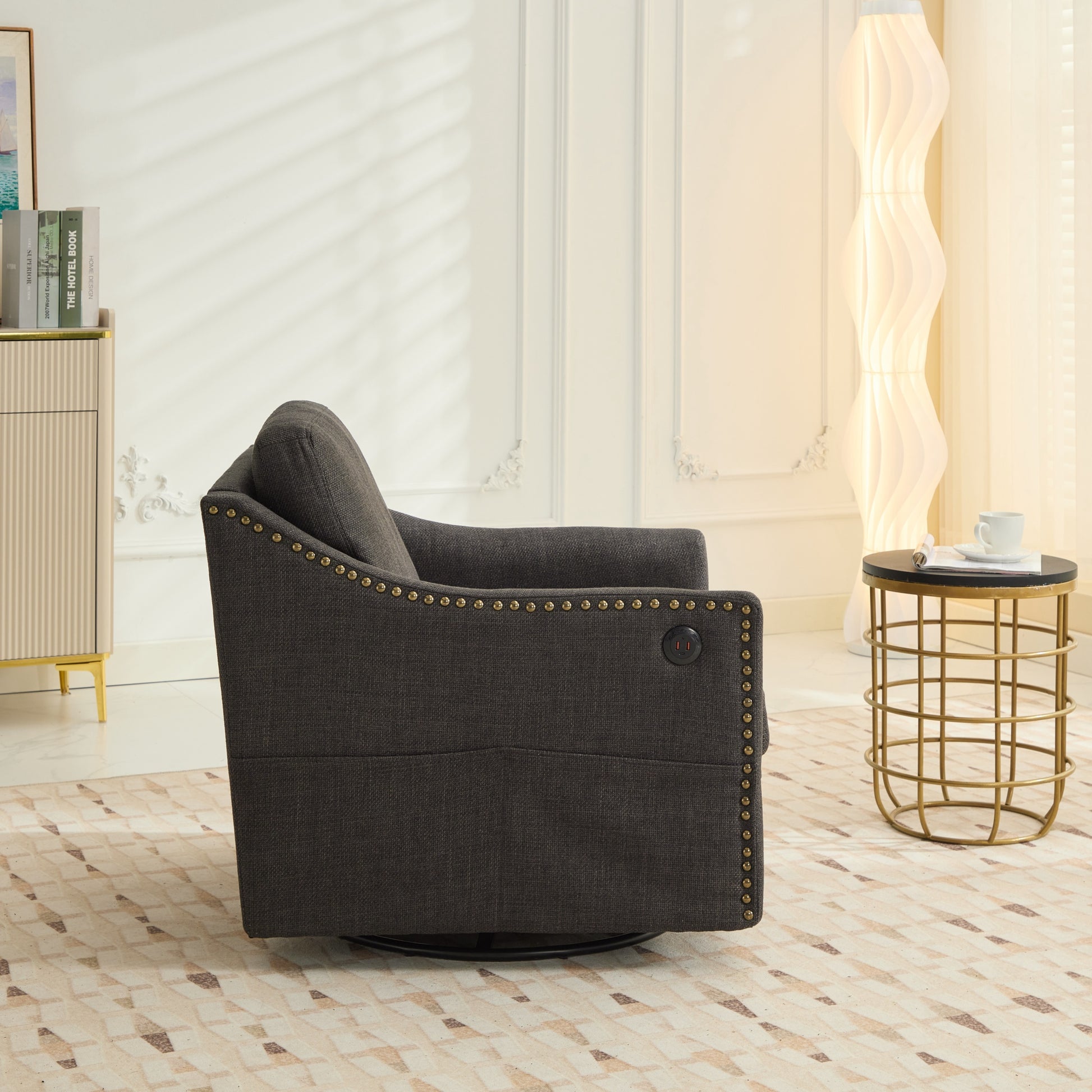 Dark Grey 360 Degree Swivel Rotating Accent Chair With Usb And Magazine Book For Living Room And Hotel Bed Room,Upholstered Accent Chair With Cooper Nail Dark Grey White Primary Living Space American Design,Classic,Modern Pine Foam Wood Fabric