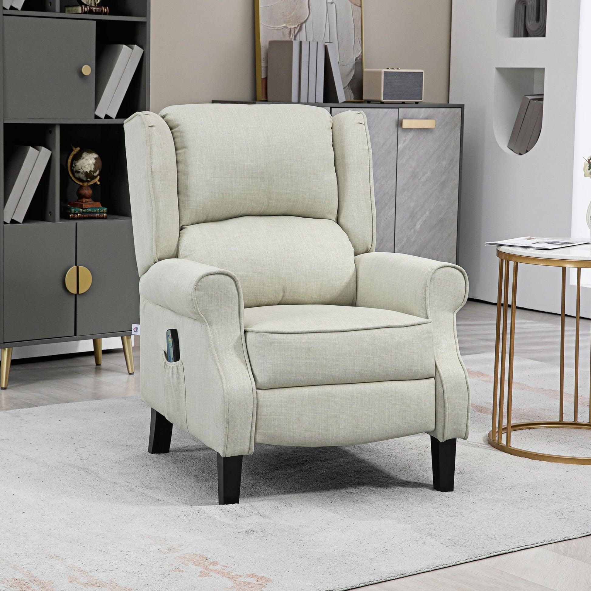 Homcom Vibration Massage Recliner Chair For Living Room With Heat, Wingback Single Sofa, Modern Linen Fabric Push Back Reclining Chair With Footrest, Side Pocket, White White Linen