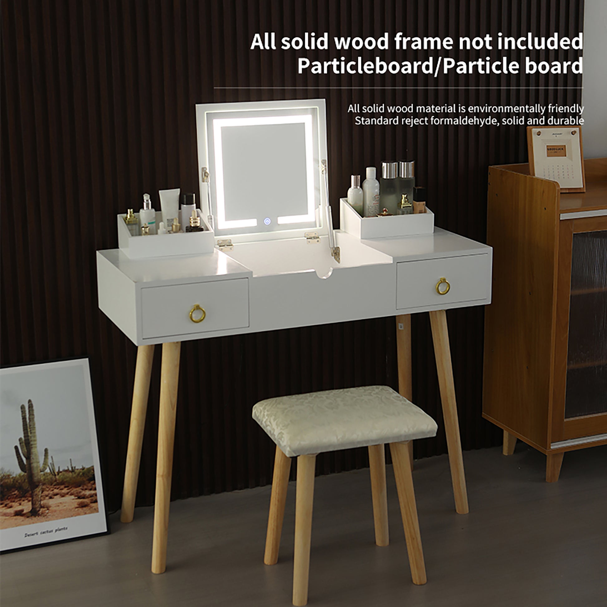 Vanity Desk Set With Led Lighted Mirror & Power Outlet, Flip Top Vanity Table With Drawers & Cabinet, For Bedroom, Bathroom Gold White Wood