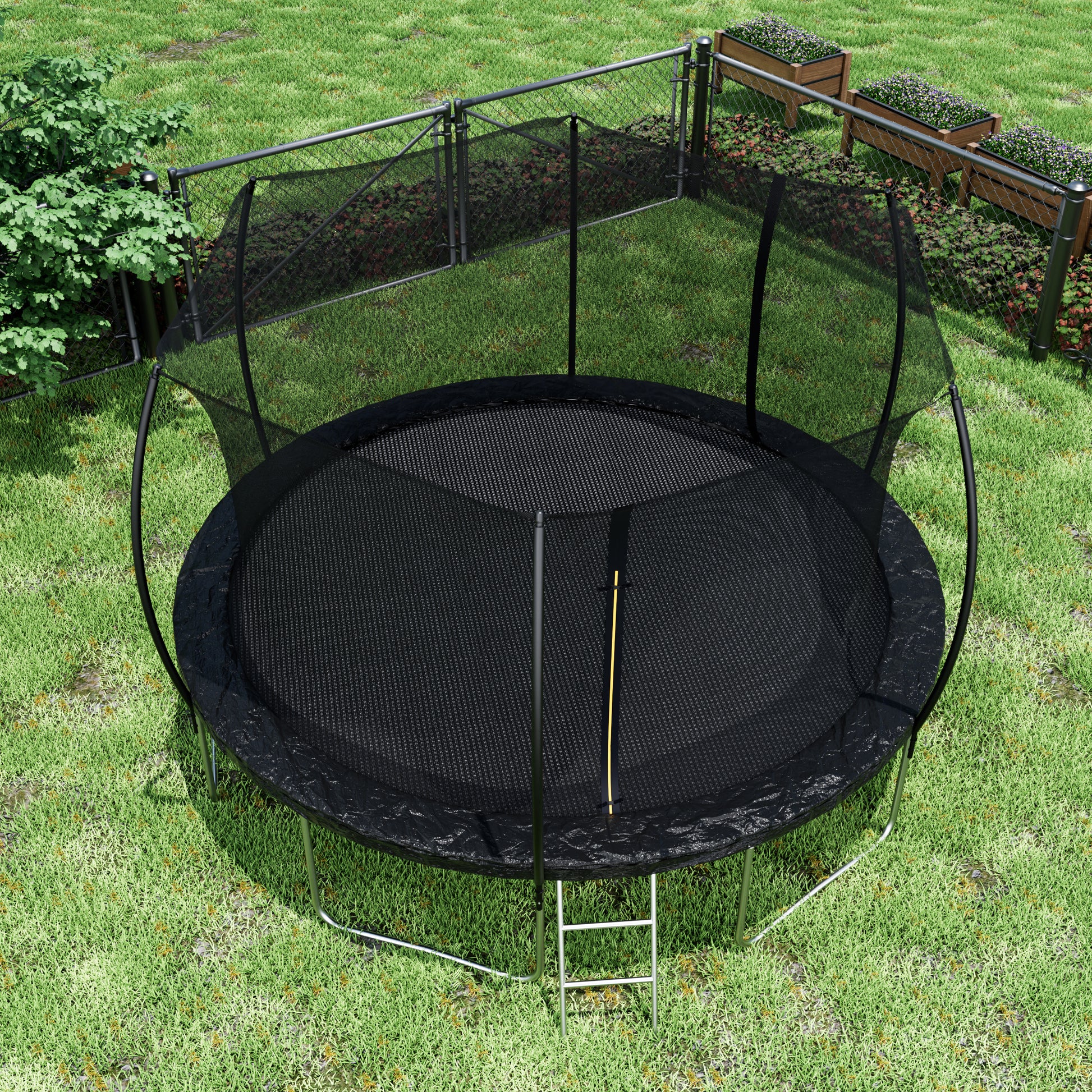 14Ft Trampoline Double Side Color Pad Trampoline For Kids And Adults With Enclosure Net And Ladder,Curved Fence Pole Black Steel Steel