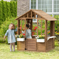 Outsunny Kids Wooden Playhouse, Outdoor Garden Games Cottage, With Working Door, Windows, Flowers Pot Holder, 47