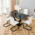 Table And Chair Set, Modern Dining Table, Patterned Table Top And Black Mdf Table Legs, Soft And Comfortable Dining Chair, Perfect For Dinner, Meetings, Home And Office Decor White Black Mdf Glass