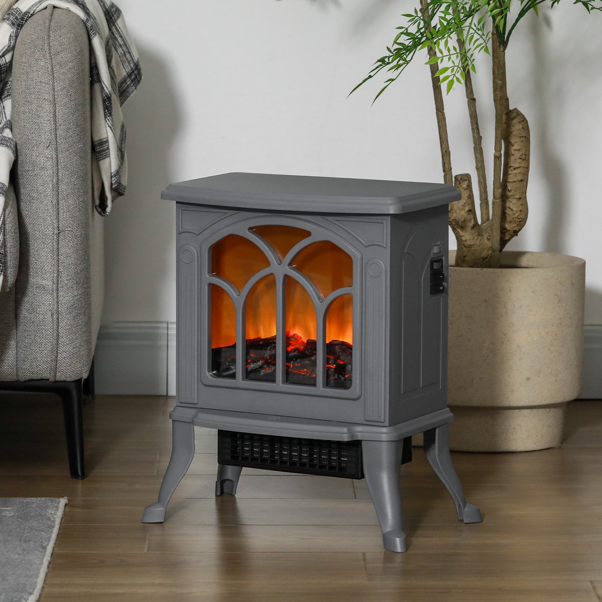 Homcom 17" Freestanding Electric Fireplace Stove, Fire Place Heater With Realistic Logs And Flame Effect And Overheat Protection, 750W 1500W, Gray Gray Plastic