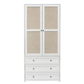 2 Door Wardrobe With 3 Drawers High Wardrobe Armoire With 2 Rattan Door For Living Room, Bedroom Organizer White Particle Board Mdf