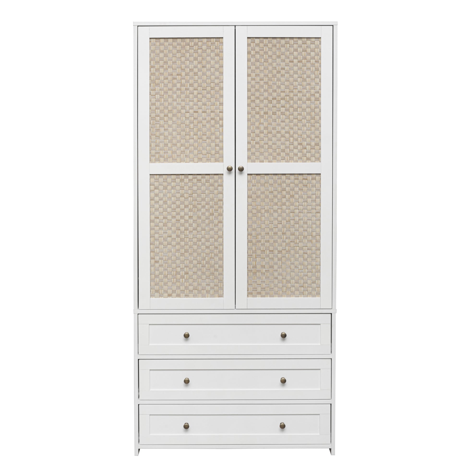 2 Door Wardrobe With 3 Drawers High Wardrobe Armoire With 2 Rattan Door For Living Room, Bedroom Organizer White Particle Board Mdf