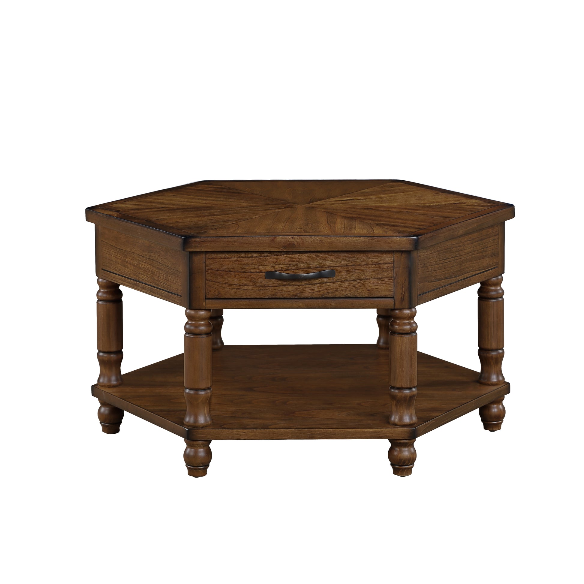 2 Tier Retro Hexagon Living Room Solid Wood Coffee Table With Shelf & Drawer, 36'' Mid Century Center Coffee Table For Living Room, Office. Cherry Cherry Pine