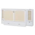 Queen Size Murphy Bed Wall Bed With Drawer And Rattan Decoration With 2 Storage Cabinets, One Set Of Sockets & Usb Ports, Pulley Structure Design, White Queen White Plywood