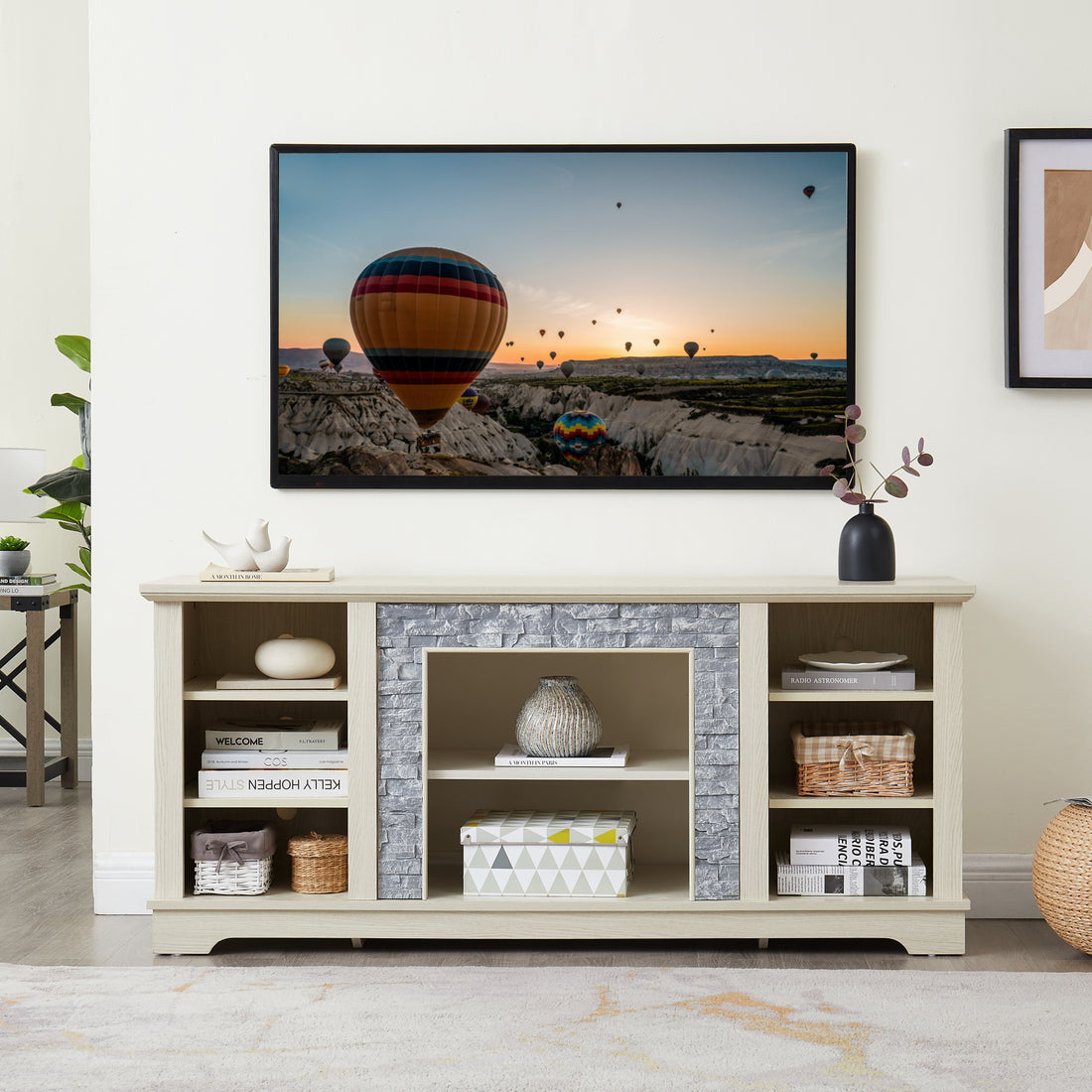 Mantel Stone Tv Media Stand With With Faux Stacked Stone Surround, Modern Entertainment Console With Open Storage Space,White, 58.31"W*15.39"D*26.06"H White 60 69 Inches Mdf