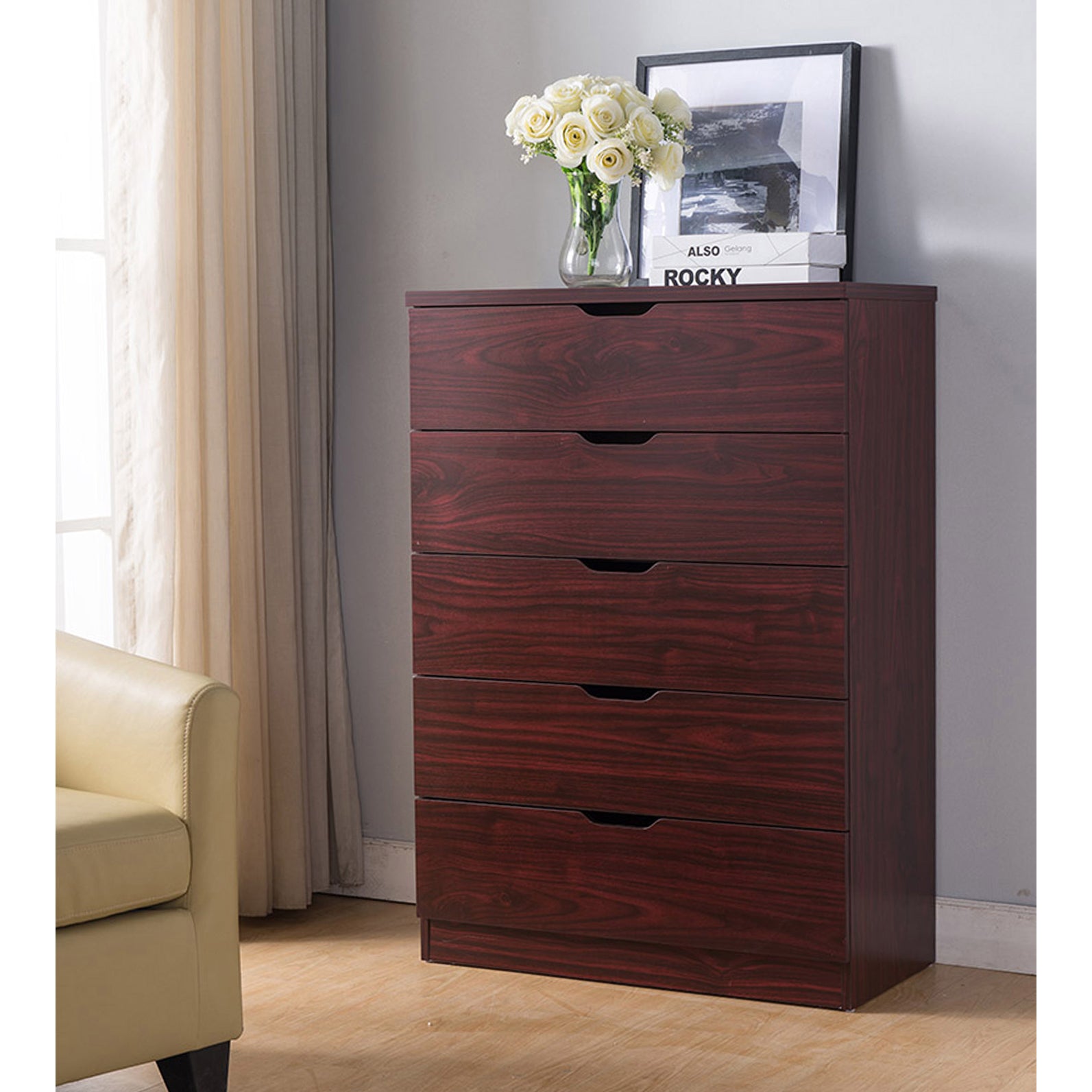 Functional 5 Drawer Chest In Mahogany Finish Mahogany Mdf