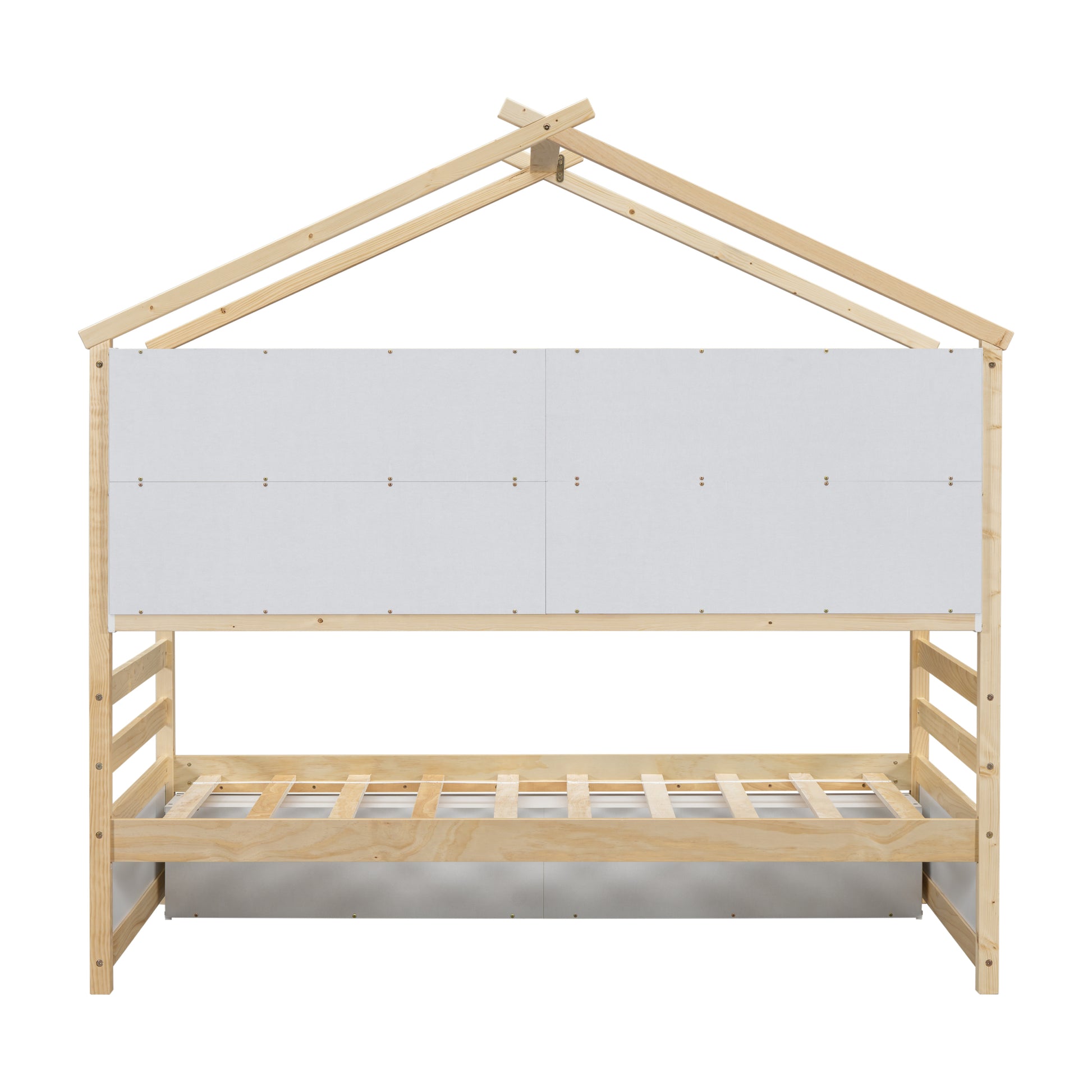 Twin House Bed With Roof Frame, Bedside Shelves, Under Bed Storage Unit,Natural Twin Natural American Design Pine