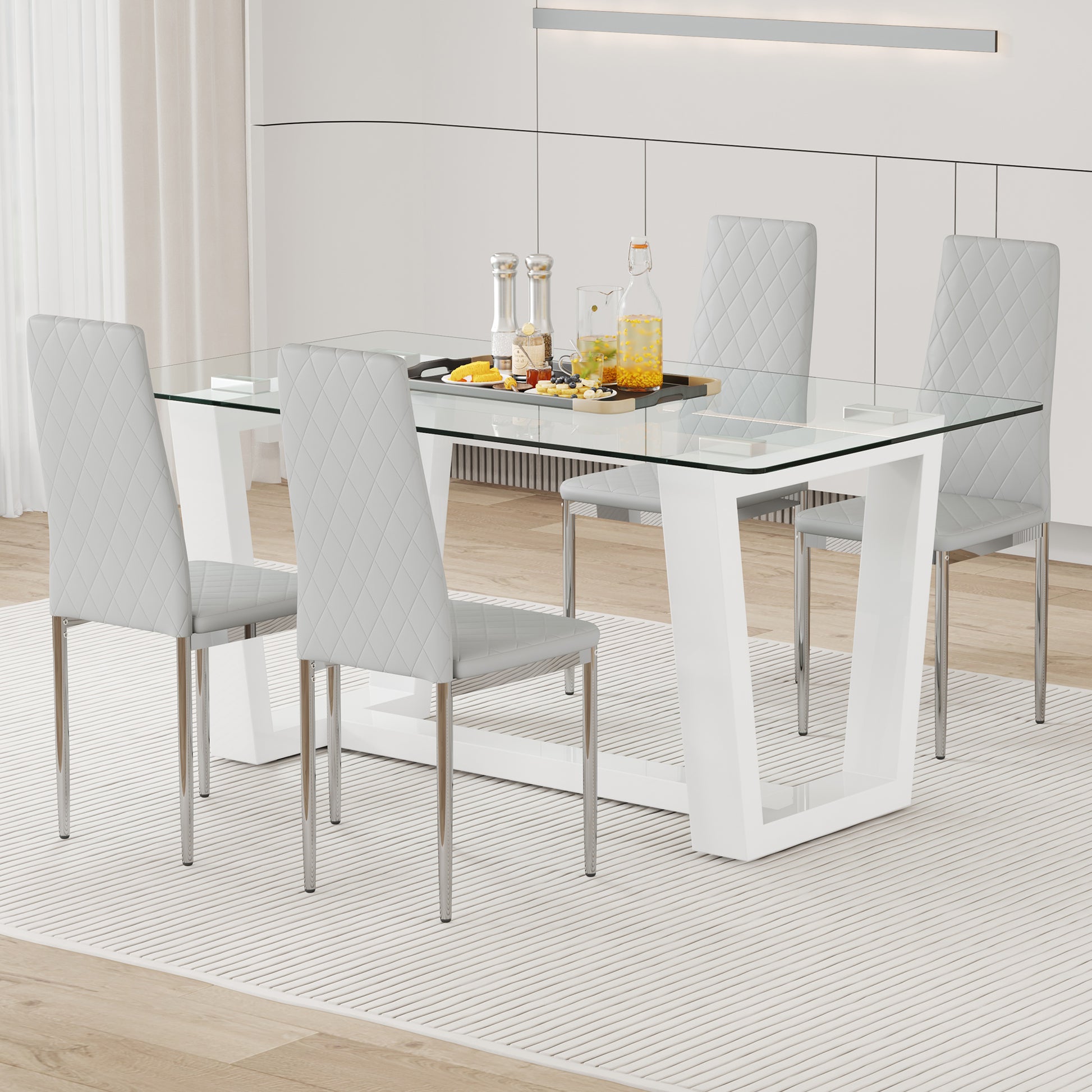 Table And Chair Set.A Rectangular Dining Table Features With Tempered Glass Top And Sleek White Mdf Stand.Paried With 4 Pu Chairs With Checkered Armless High Back And Electroplated Metal Legs. Light Gray,White Seats 4 Mdf Glass