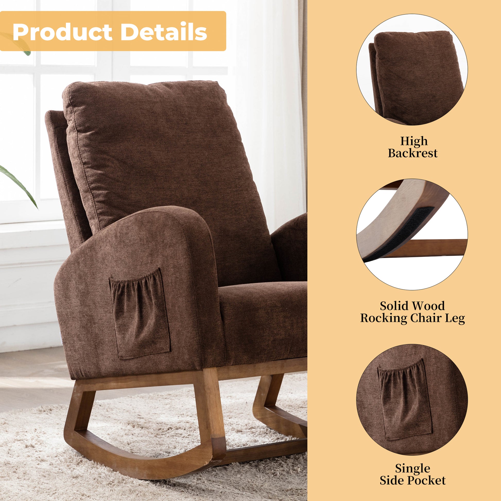 Coolmore Rocking Chair, Modern Glider Chair, Recliner Armchair With Wood Legs And Side Pocket, Nursery Rocking Accent Chair With High Back For Living Room Bedroom Coffee Linen Coffee Foam Solid Wood