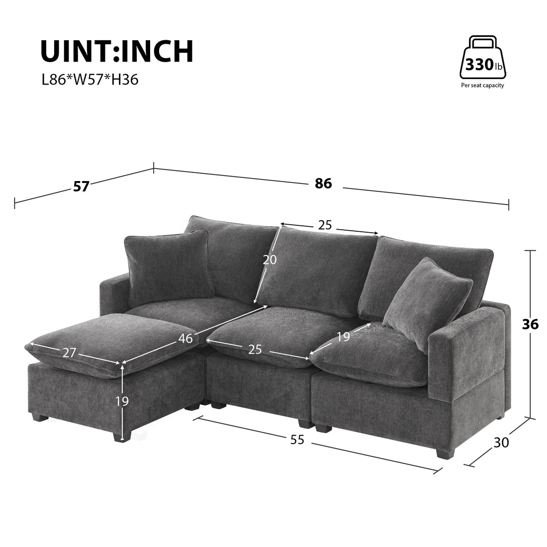 84*57" Modern Modular Sofa, 4 Seat Chenille Sectional Couch Set With 2 Pillows Included, Freely Combinable Indoor Funiture For Living Room, Apartment, Office, 2 Colors Black Grey Chenille 4 Seat