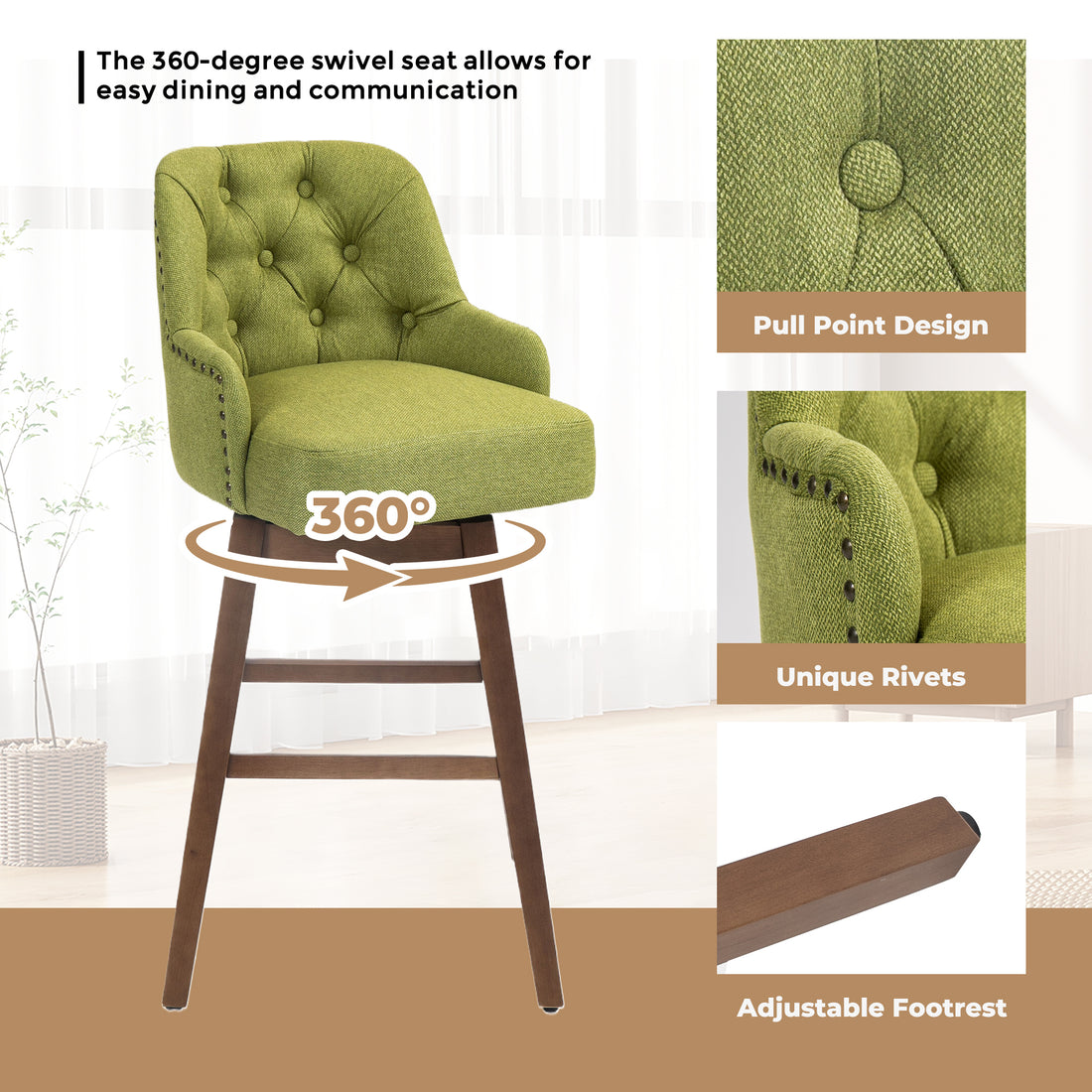 Coolmore Bar Stools Set Of 2 Counter Height Chairs With Footrest For Kitchen, Dining Room And 360 Degree Solid Wood Legs Swivel Bar Stools Set Of 2 Olive Linen Olive Foam Linen