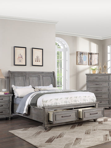 California King Size Bed W Under Bed Drawer Vintage Look Gray Color Beautiful Panel 1Pc Bedframe Bedroom Box Spring Required California King Antique Gray,Gray Wood Bedroom