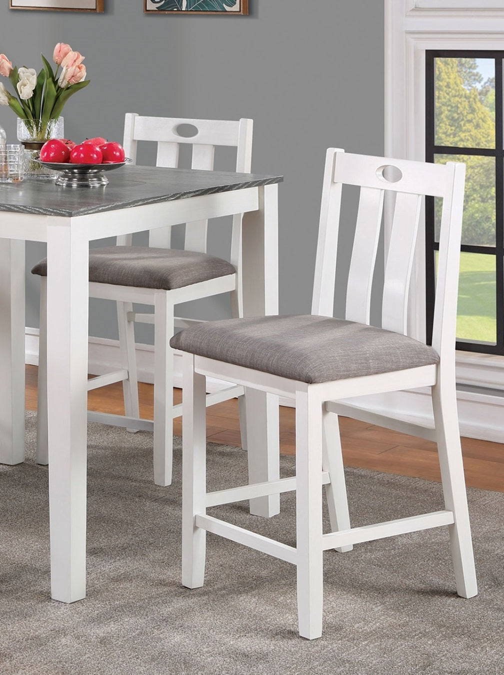 White Solid Wood 5Pc Counter Height Dining Set Table 4X Chairs Gray Linen Like Fabric Cushions Seats Chairs Dining Room Wood Dining Room Solid Wood Square Dining Table With Chair Wood Wood White Gray Slat Back Seats 4 36 Inches