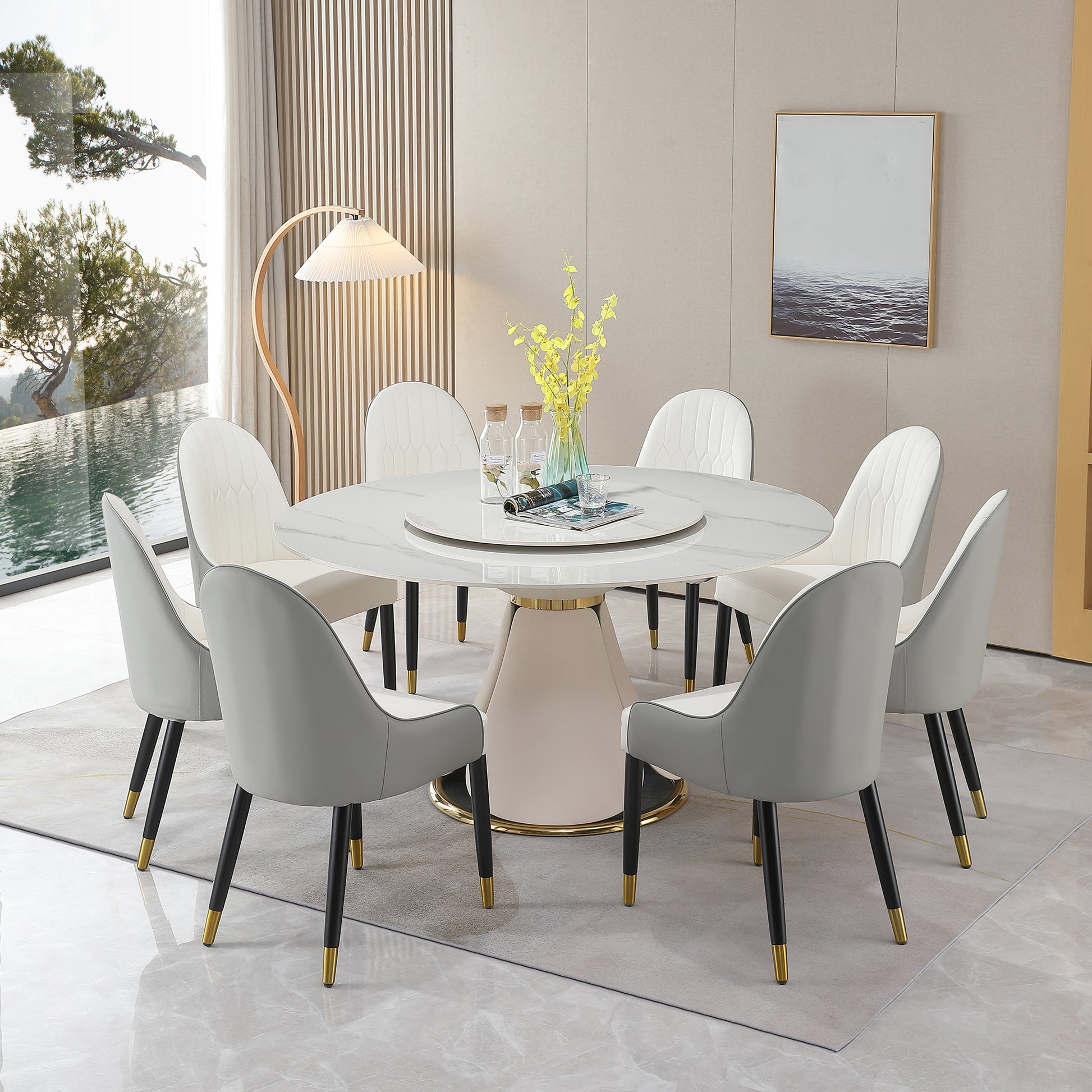 59.05"Modern Sintered Stone Dining Table With 31.5" Round Turntable With Wood And Metal Exquisite Pedestal With 8 Pcs Chairs . Glossy White Sintered Stone