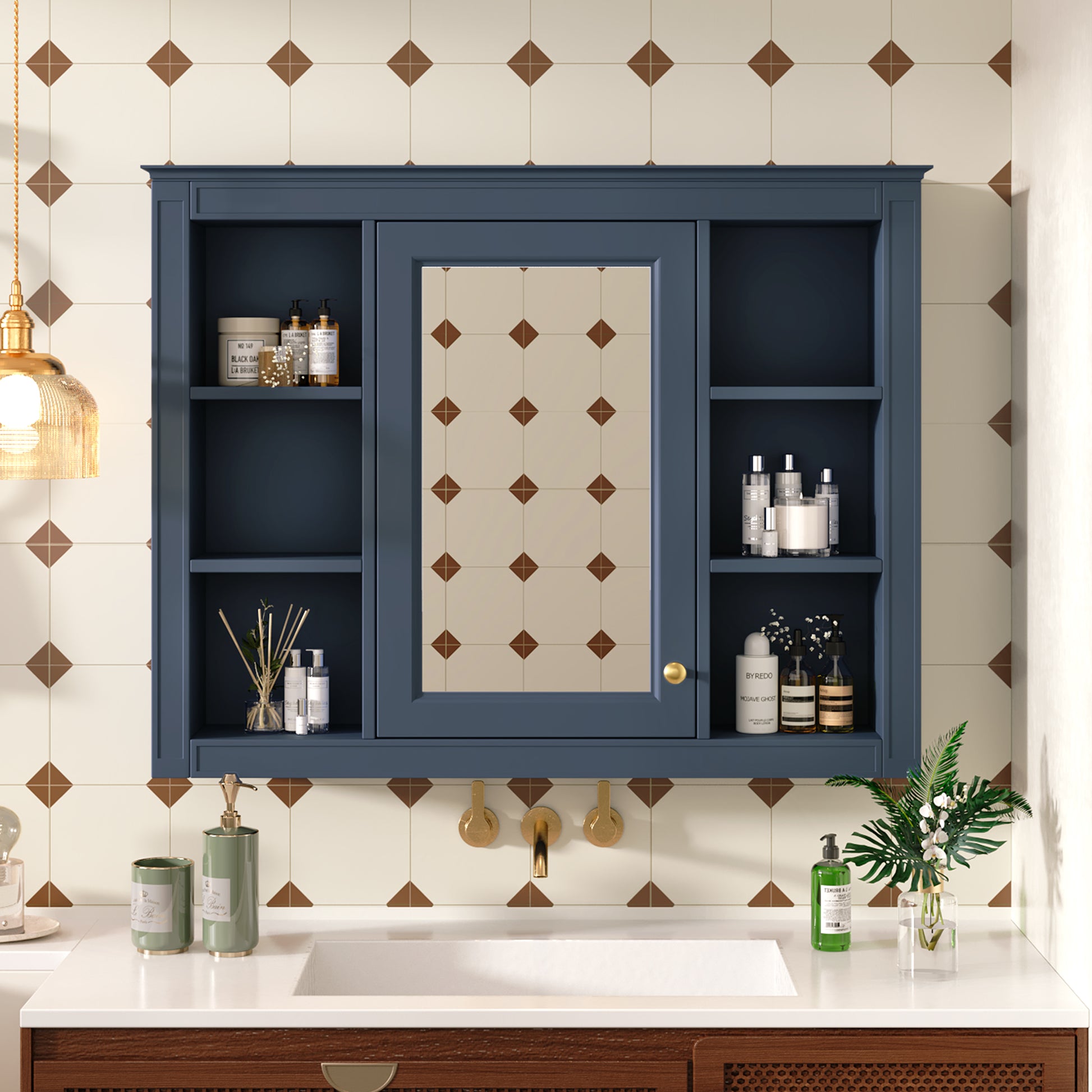 35'' X 27.5'' Medicine Cabinet, Wall Mounted Bathroom Storage Cabinet, Modern Bathroom Wall Cabinet With Mirror, Mirror Cabinet With 6 Open Shelves Not Include Bathroom Vanity Blue 1 5 Mirror Included Bathroom Wall Mounted Mdf Painted