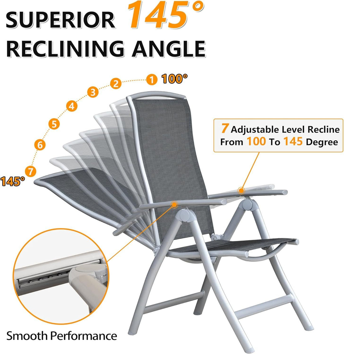 Patio Folding Chairs Set Of 2, Aluminium Frame Outdoor Reclining Patio Chairs For Garden Camping Poolside Beach Deck, Adjustable High Back Lawn Chairs With Textilene Fabric Seat, Dark Gray Dark Gray Aluminium