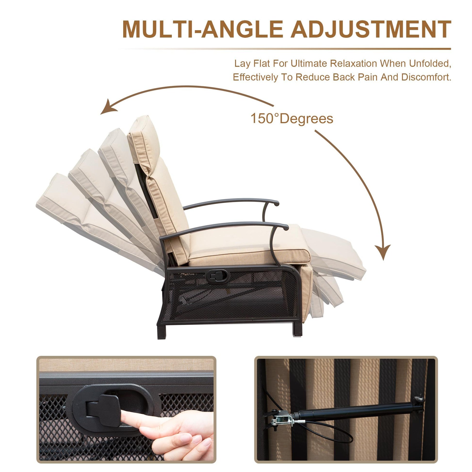 Adjustable Patio Recliner Chair Metal Outdoor Lounge Chair With Flip Table Push Back, Adjustable Angle, 6.8'' Removable Cushions, Support 350Lbs, Beige Yes Beige Garden & Outdoor Metal