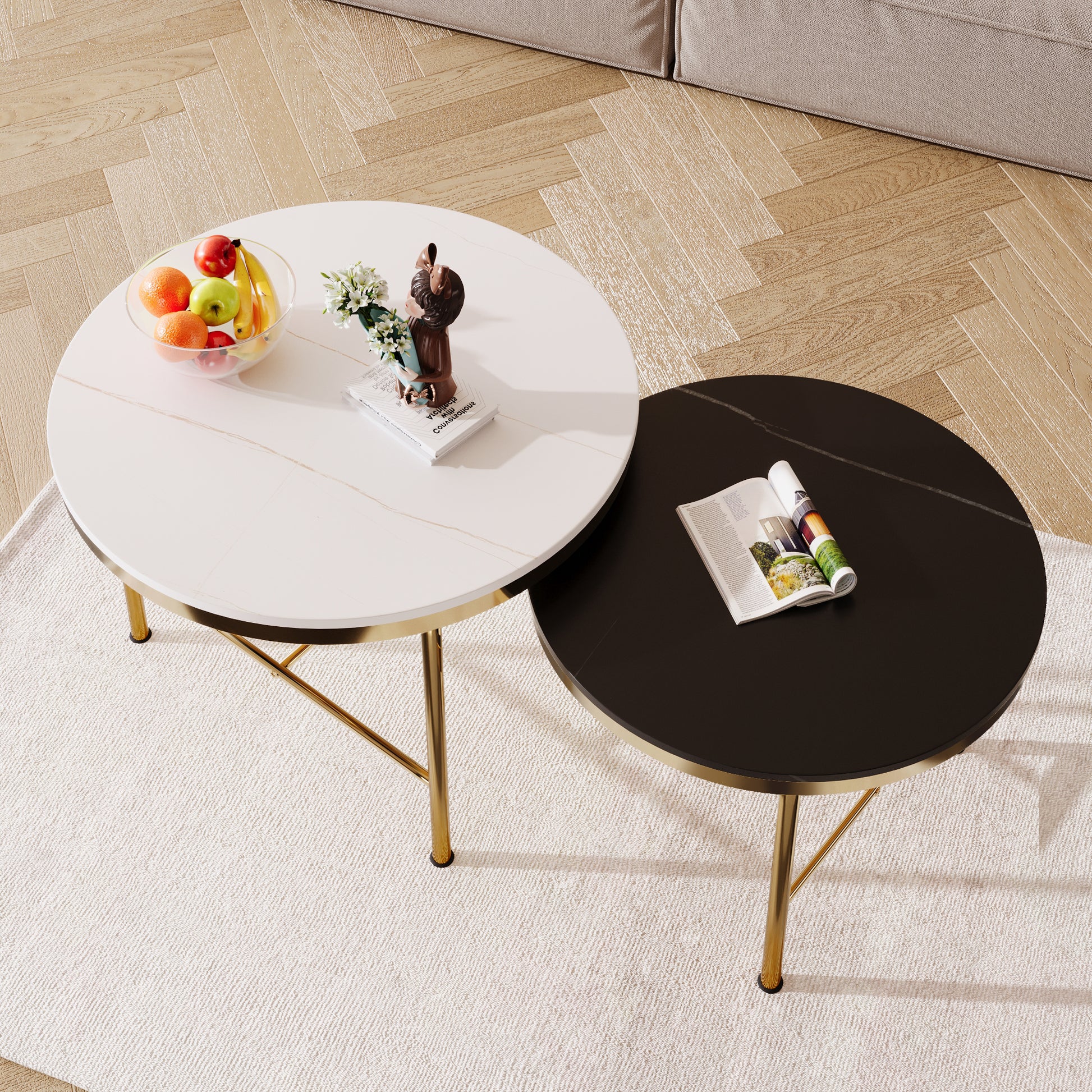 Modern Round Nesting Coffee Table Set 2 Piece Black & White Sintered Stone Top Gold Base In 23.6''&17.7'' Black White Coffee & End Tables Round Metal Sintered Stone T Shape