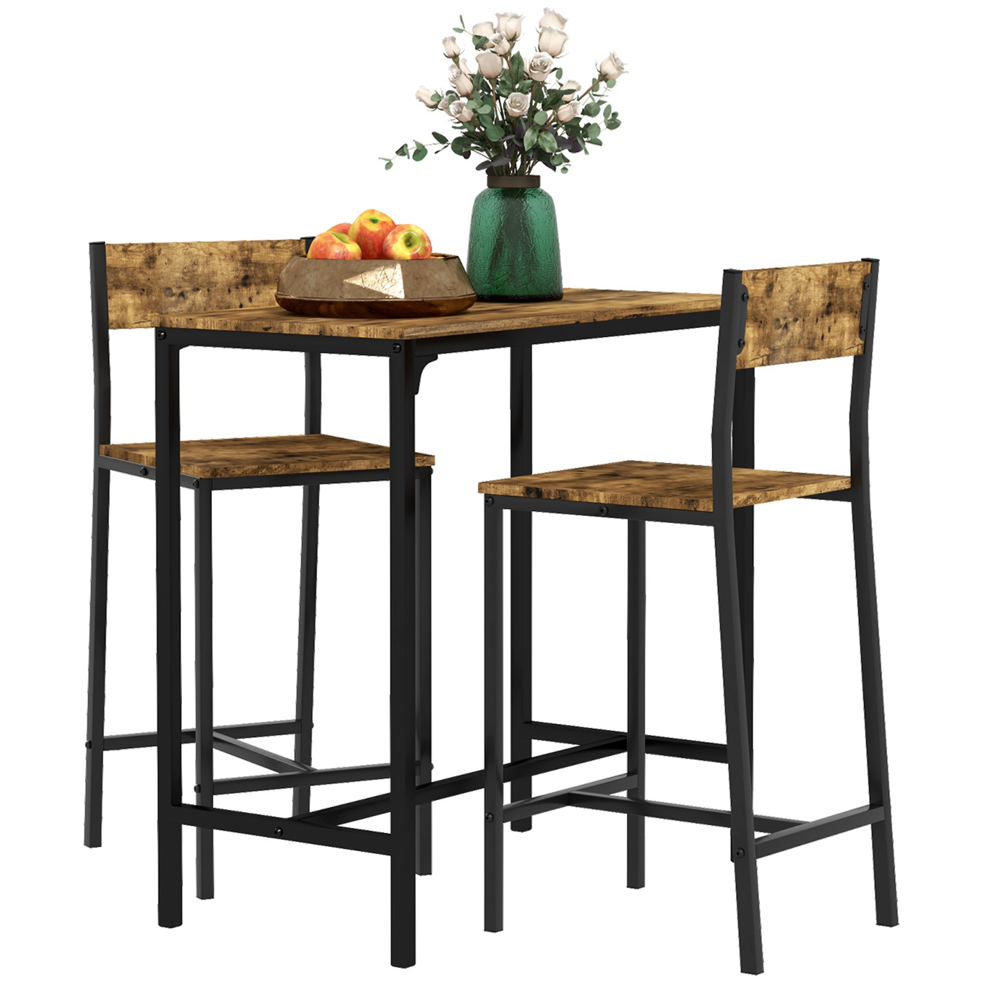 Homcom 3 Piece Bar Table And Chairs, Industrial Dining Table Set For 2, Counter Height Kitchen Table With Bar Stools, Breakfast Table Set For 2 For Small Space, Rustic Brown Rustic Brown Mdf