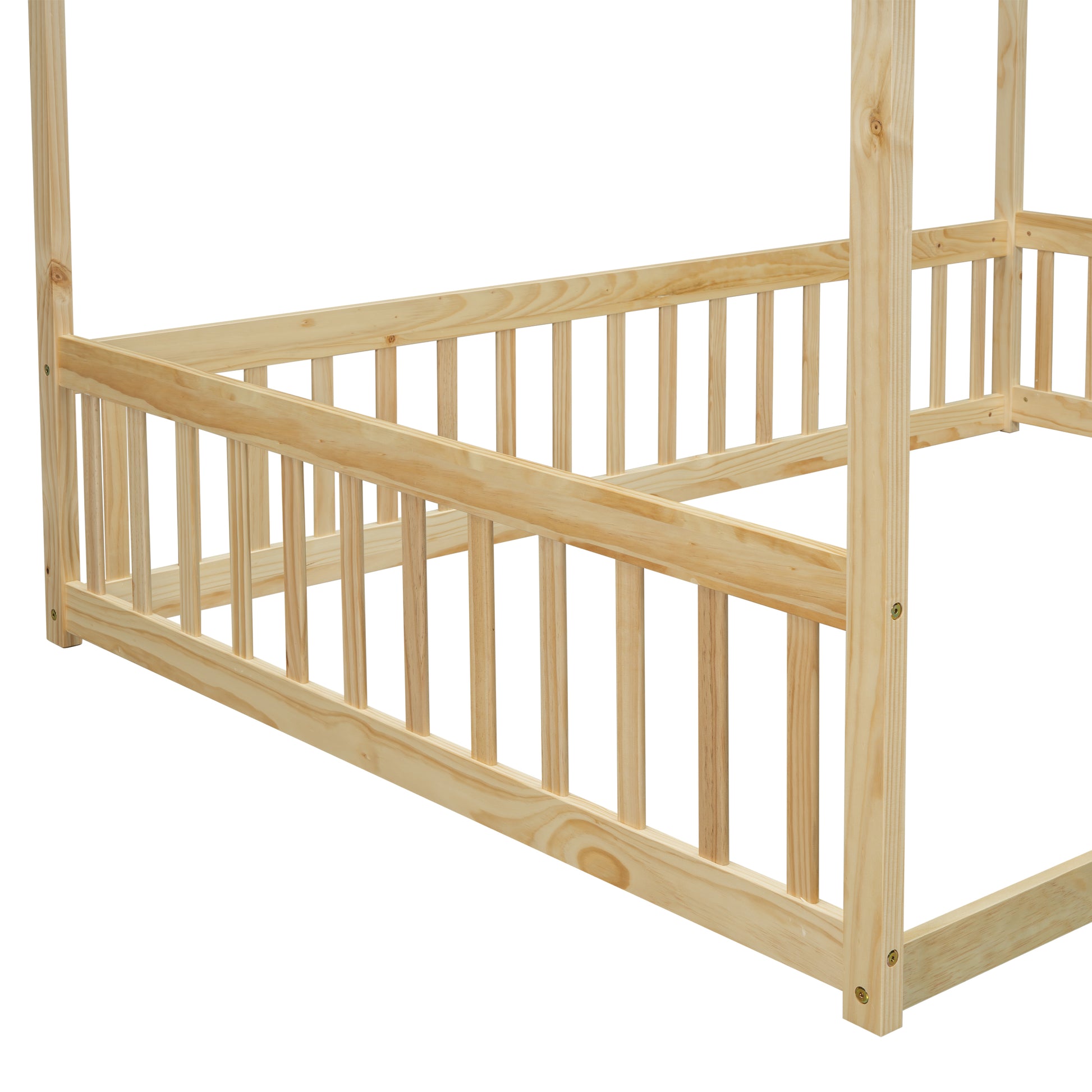 Full Size Canopy Frame Floor Bed With Fence, Guardrails,Natural Full Natural American Design Pine