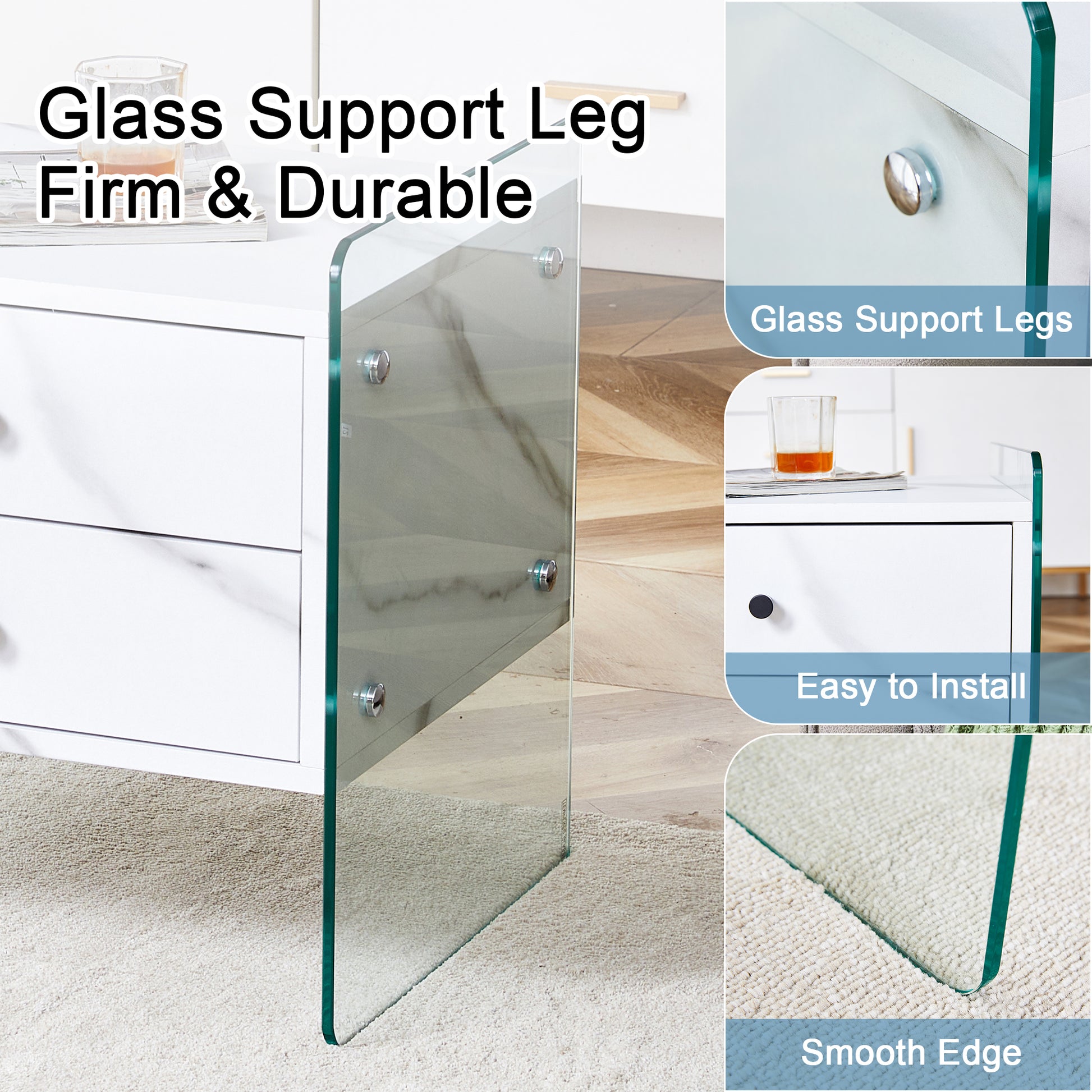 Double Drawer Bedside Table. The Board Surface Is Mdf Sticker, And Both Sides Are Transparent Tempered Glass. The Design Is Simple And Elegant, With Excellent Storage Functions. White Mdf