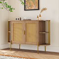 2 Door Elegant Curved Dining Cabinet With Gold Trim And Woven Rattan Doors For Dining Room Natural Natural Particle Board