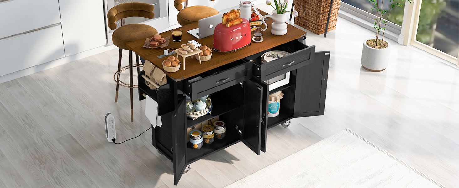 K&K 53.5''Farmhouse Kitchen Island With Power Outlet, Kitchen Storage Island With Drop Leaf, Spice Rack And Drawer, Rolling Kitchen Cart On Wheels, For Home, Kitchen And Dining Room, Black Black