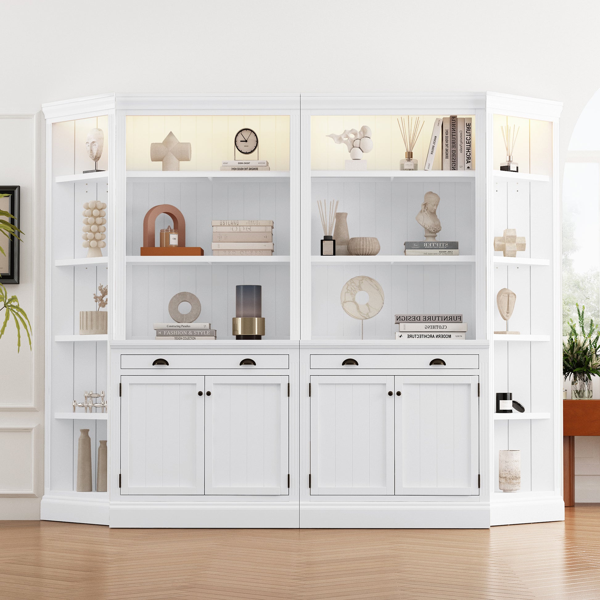 83.4"Tall Two Bookshelf With Two Corner Shelf Suite,Bookcase With 2 Doors And 1 Drawer,5 Tier Corner Shelf With Open Shelves,Free Standing Shelves Suite With Led Lighting For Living