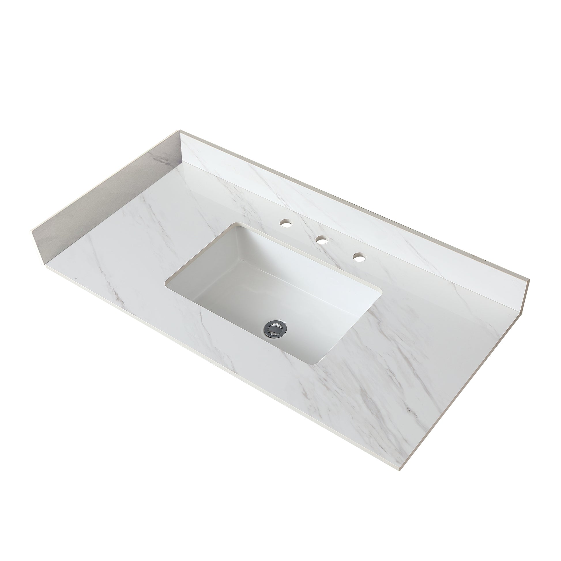37 Inch Marble Vanity Top, White Vanity Top With Pre Drilled Faucet Holes, Bathroom Vanity Top With Undermount Rectangular Middle Sink And 4" Height Backsplash, Bianco Carrara Venato White Bathroom Sintered Stone