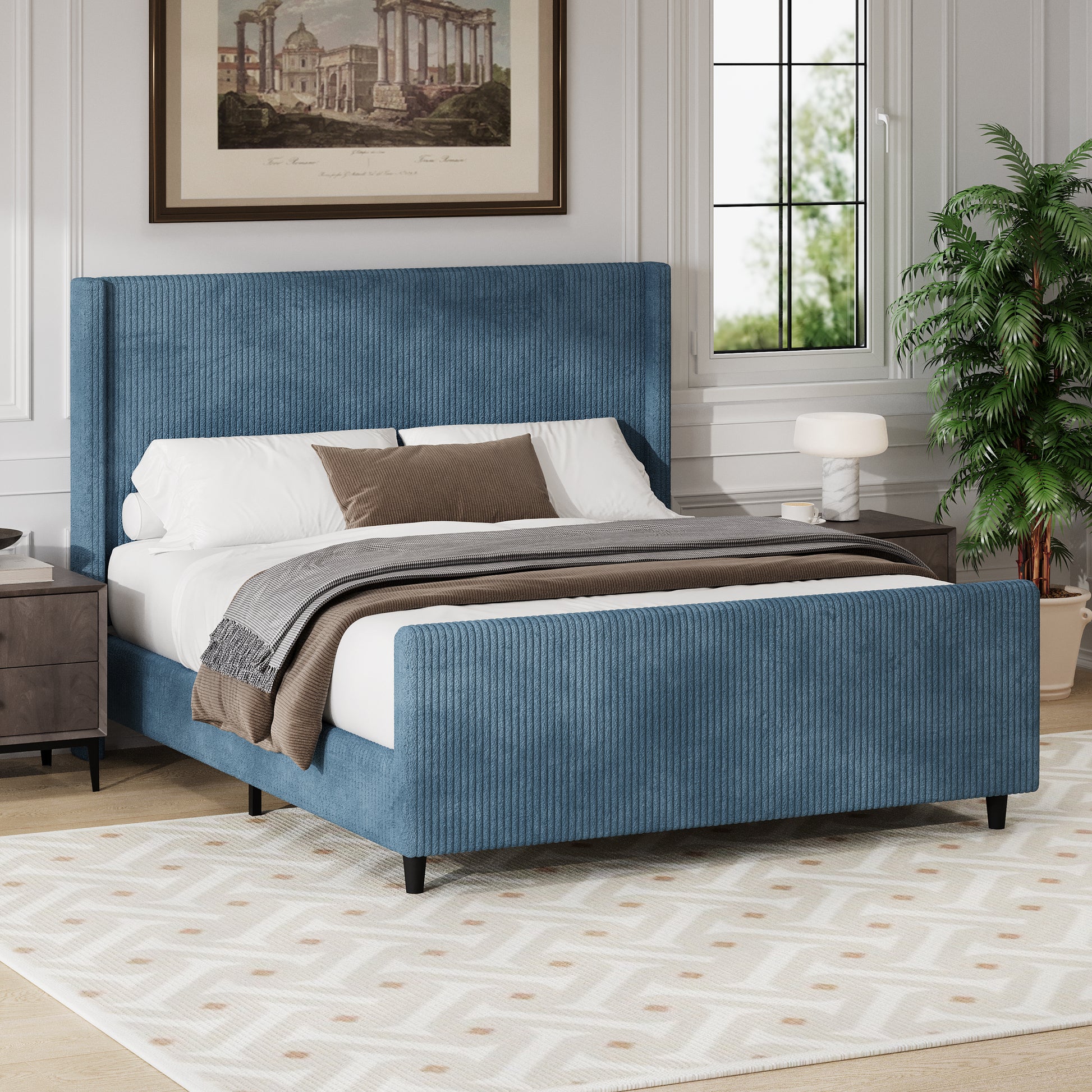 50.7'' High Headboard Corduroy Upholstered Bed Frame With Vertical Stripe Wingback And High Footboard No Box Spring Needed,King Size, Blue Box Spring Not Required King Blue Wood Bedroom Modern Bed Frame Wood