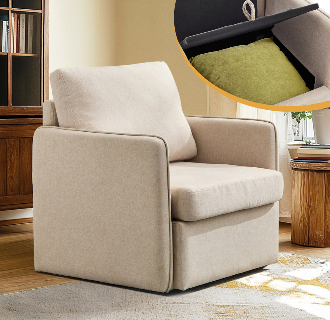 Swivel Accent Chair, Comfy Single Sofa Chair With Storage, Modern Arm Chair For Living Room, Fabric Swivel Armchair With Metal Base Beige Beige Brown Linen