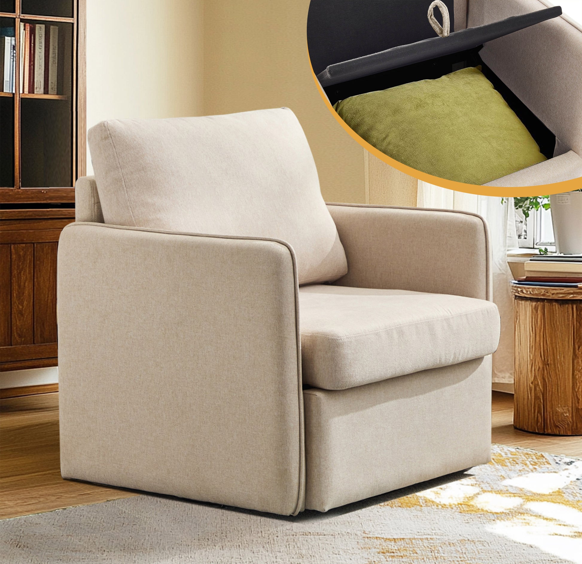 Swivel Accent Chair, Comfy Single Sofa Chair With Storage, Modern Arm Chair For Living Room, Fabric Swivel Armchair With Metal Base Beige Beige Brown Linen