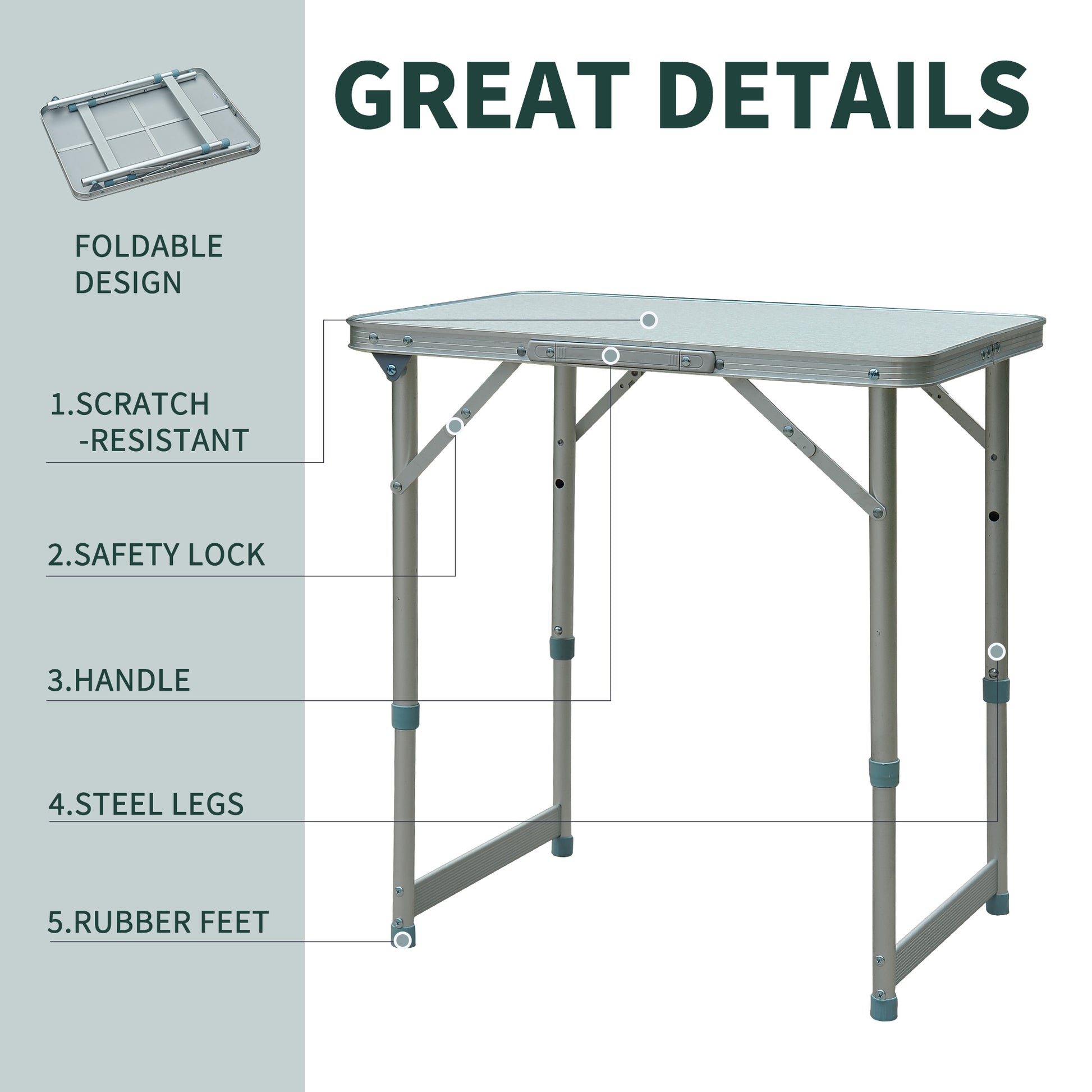 Outsunny 23" Folding Camping Table With Height Adjustability, Lightweight Portable Table With Carry Handle, Outdoor Folding Table Camping Accessories Grey Silver Aluminum